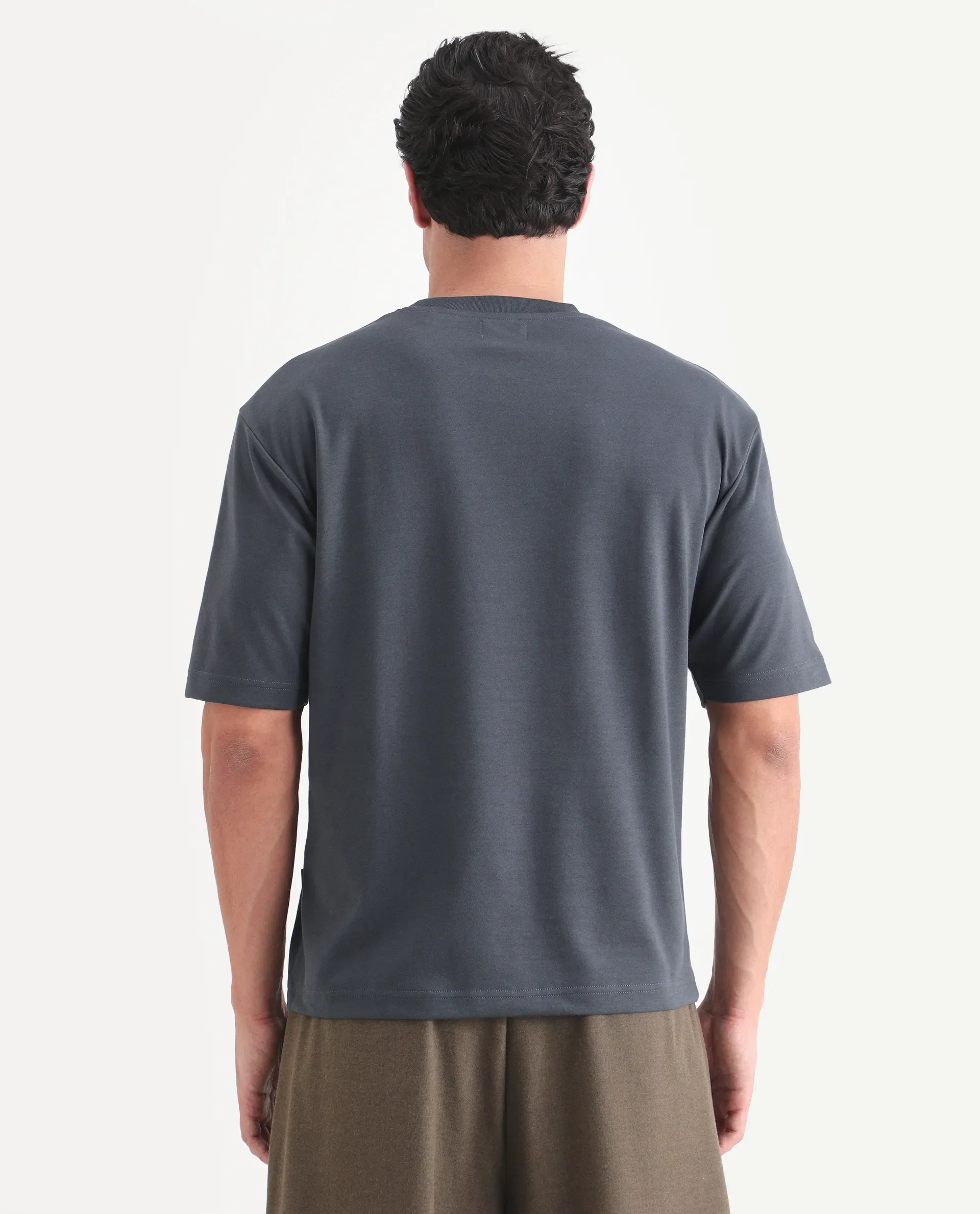 Rare Rabbit Men's Qlo-S26 Dark Grey Cotton Blend Fabric Half Sleeve Crew Neck Oversize Plain T-Shirt - Image 9