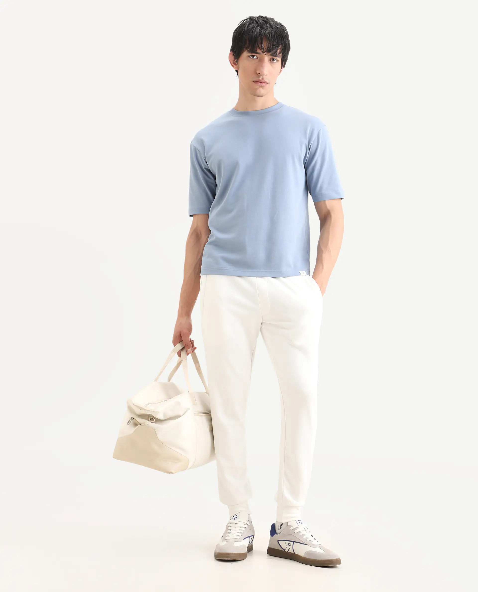 Rare Rabbit Men's Qlo-S26 Dusky Blue Cotton Blend Fabric Half Sleeve Crew Neck Oversize Plain T-Shirt - Image 2