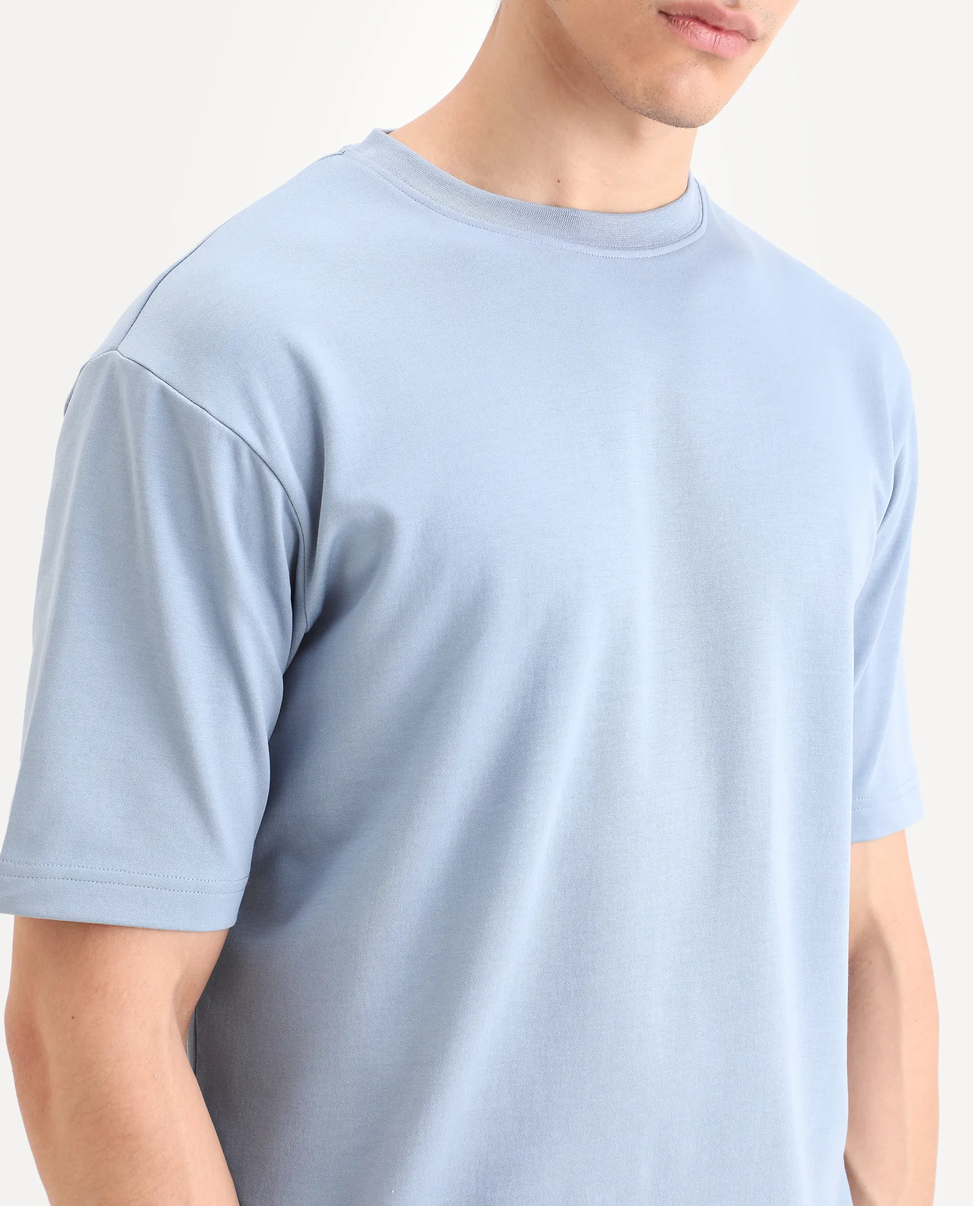 Rare Rabbit Men's Qlo-S26 Dusky Blue Cotton Blend Fabric Half Sleeve Crew Neck Oversize Plain T-Shirt - Image 3