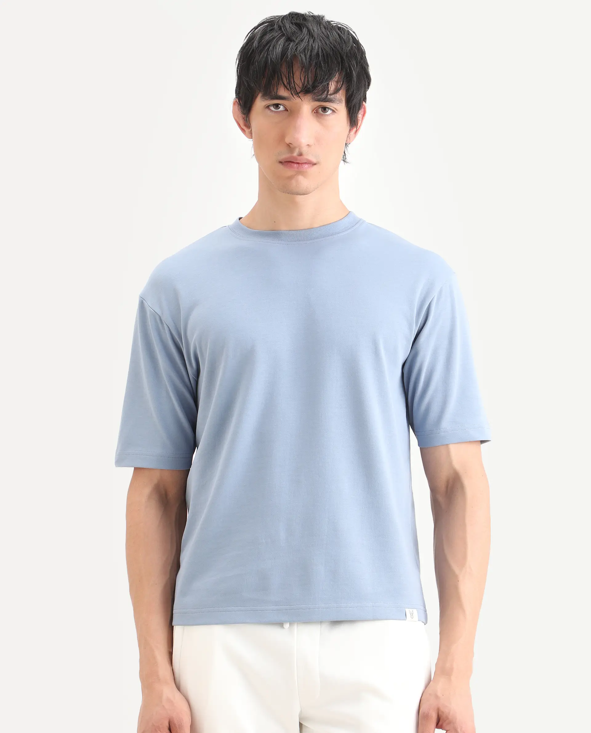 Rare Rabbit Men's Qlo-S26 Dusky Blue Cotton Blend Fabric Half Sleeve Crew Neck Oversize Plain T-Shirt - Image 4