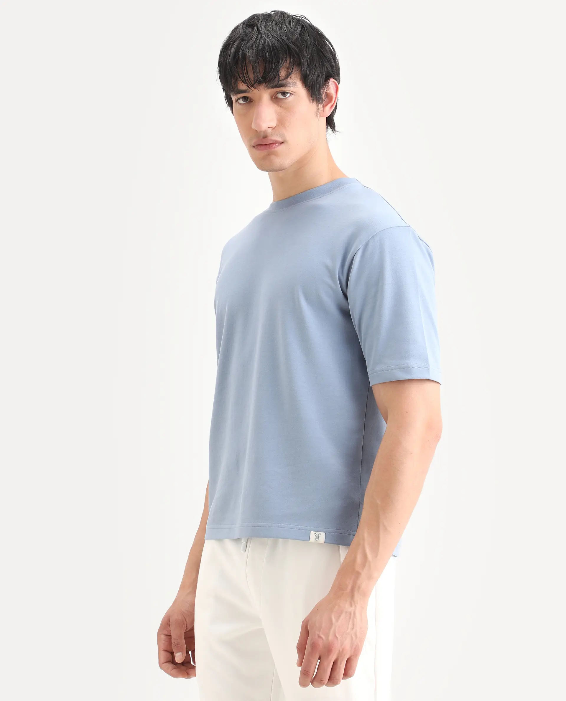 Rare Rabbit Men's Qlo-S26 Dusky Blue Cotton Blend Fabric Half Sleeve Crew Neck Oversize Plain T-Shirt - Image 5