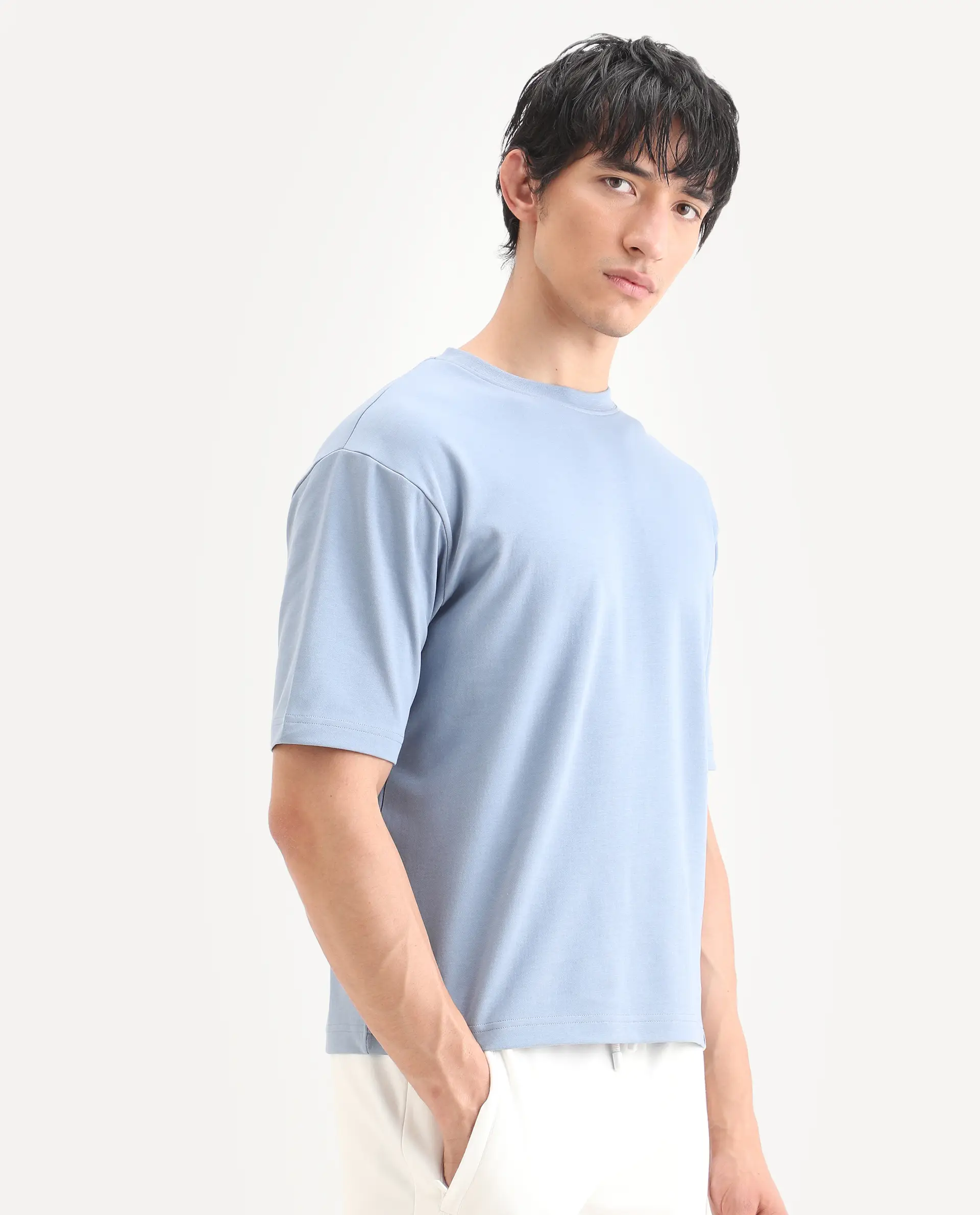 Rare Rabbit Men's Qlo-S26 Dusky Blue Cotton Blend Fabric Half Sleeve Crew Neck Oversize Plain T-Shirt - Image 6