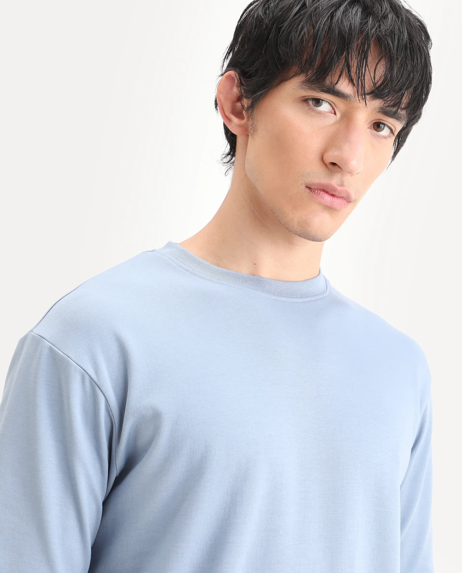 Rare Rabbit Men's Qlo-S26 Dusky Blue Cotton Blend Fabric Half Sleeve Crew Neck Oversize Plain T-Shirt - Image 7
