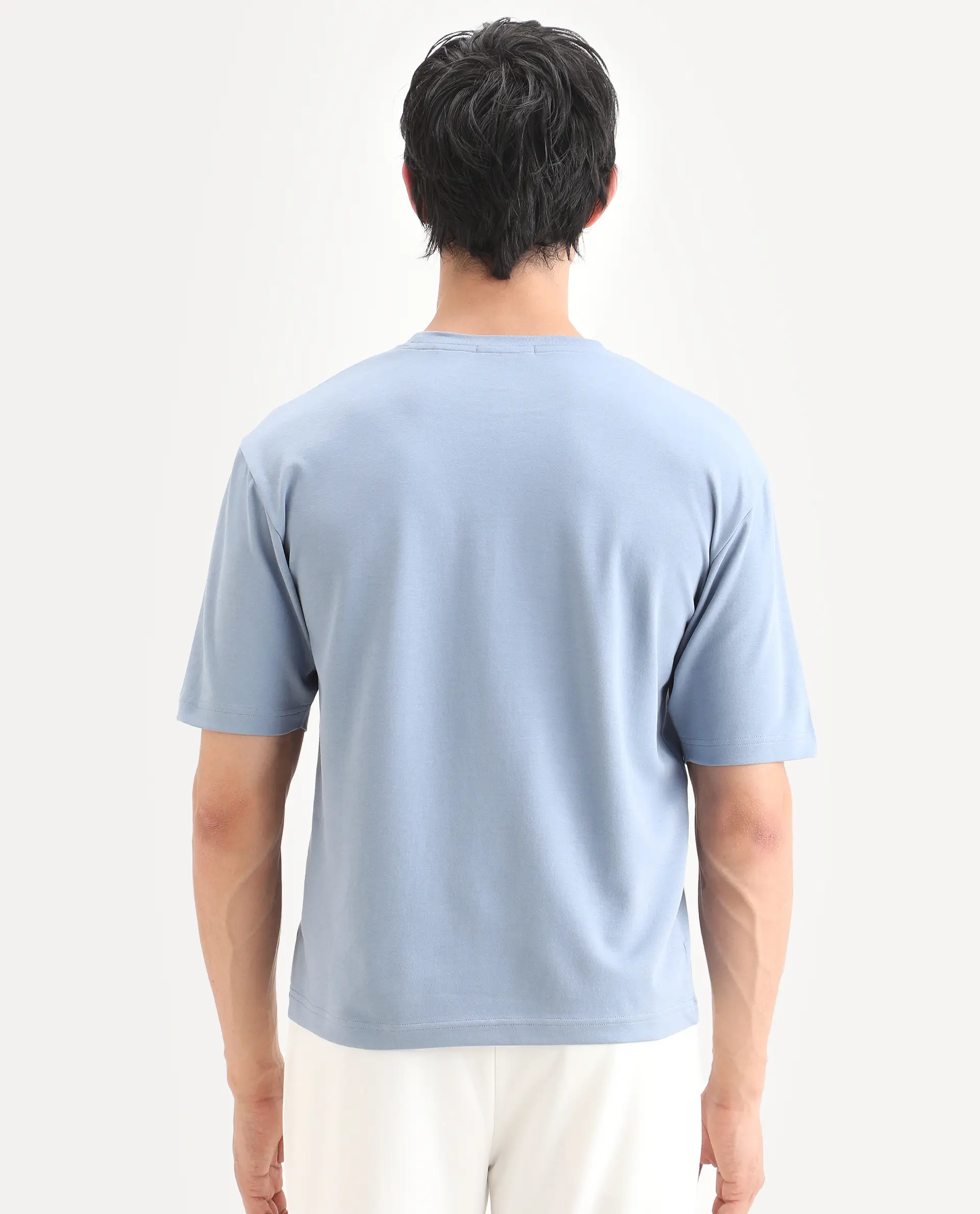 Rare Rabbit Men's Qlo-S26 Dusky Blue Cotton Blend Fabric Half Sleeve Crew Neck Oversize Plain T-Shirt - Image 8