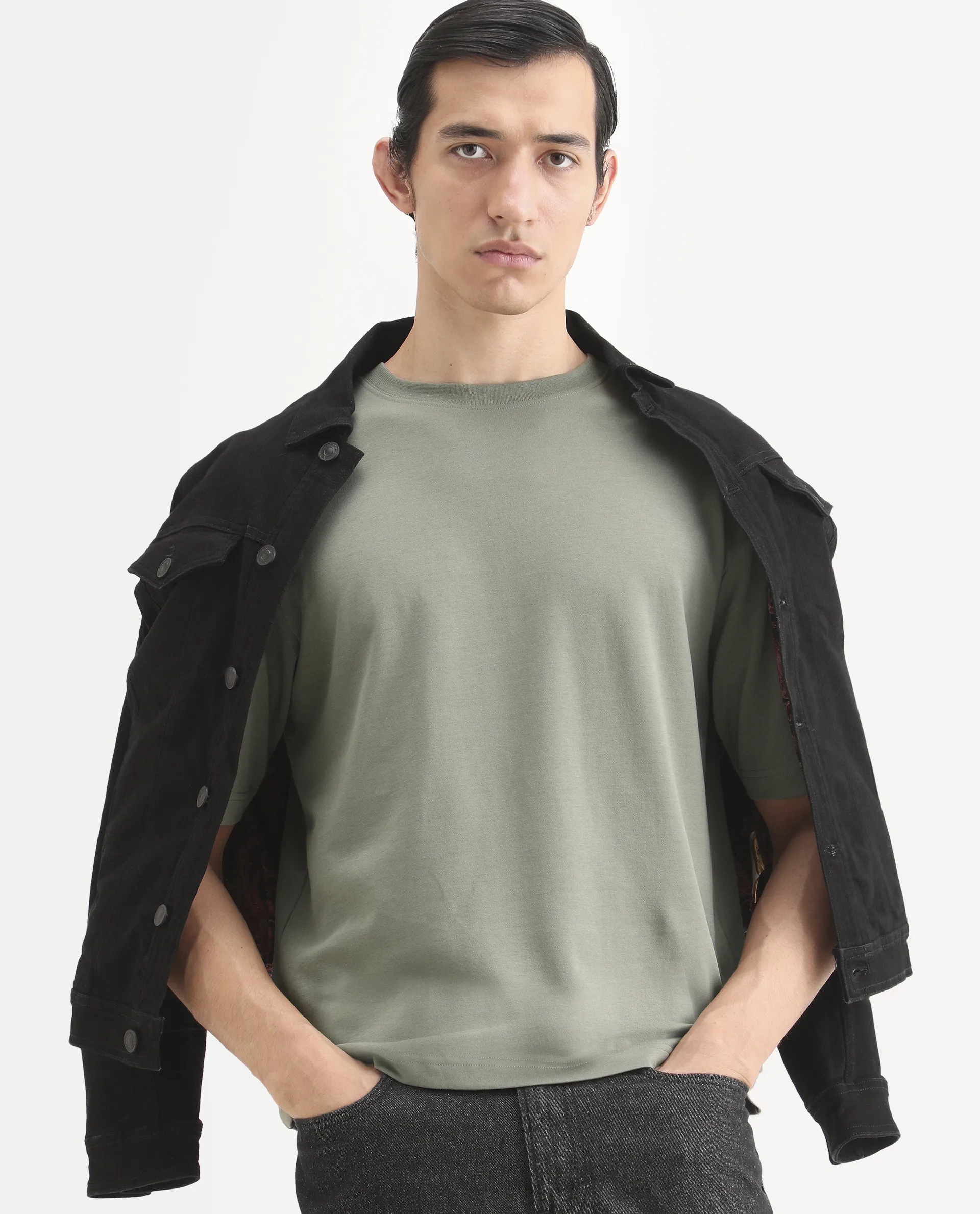 Rare Rabbit Men's Qlo-S26 Dusky Green Cotton Blend Fabric Half Sleeve Crew Neck Oversize Plain T-Shirt