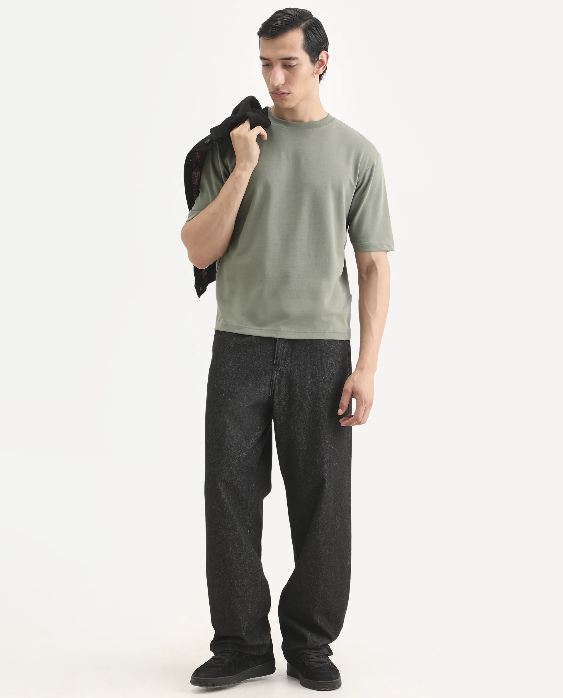 Rare Rabbit Men's Qlo-S26 Dusky Green Cotton Blend Fabric Half Sleeve Crew Neck Oversize Plain T-Shirt - Image 2