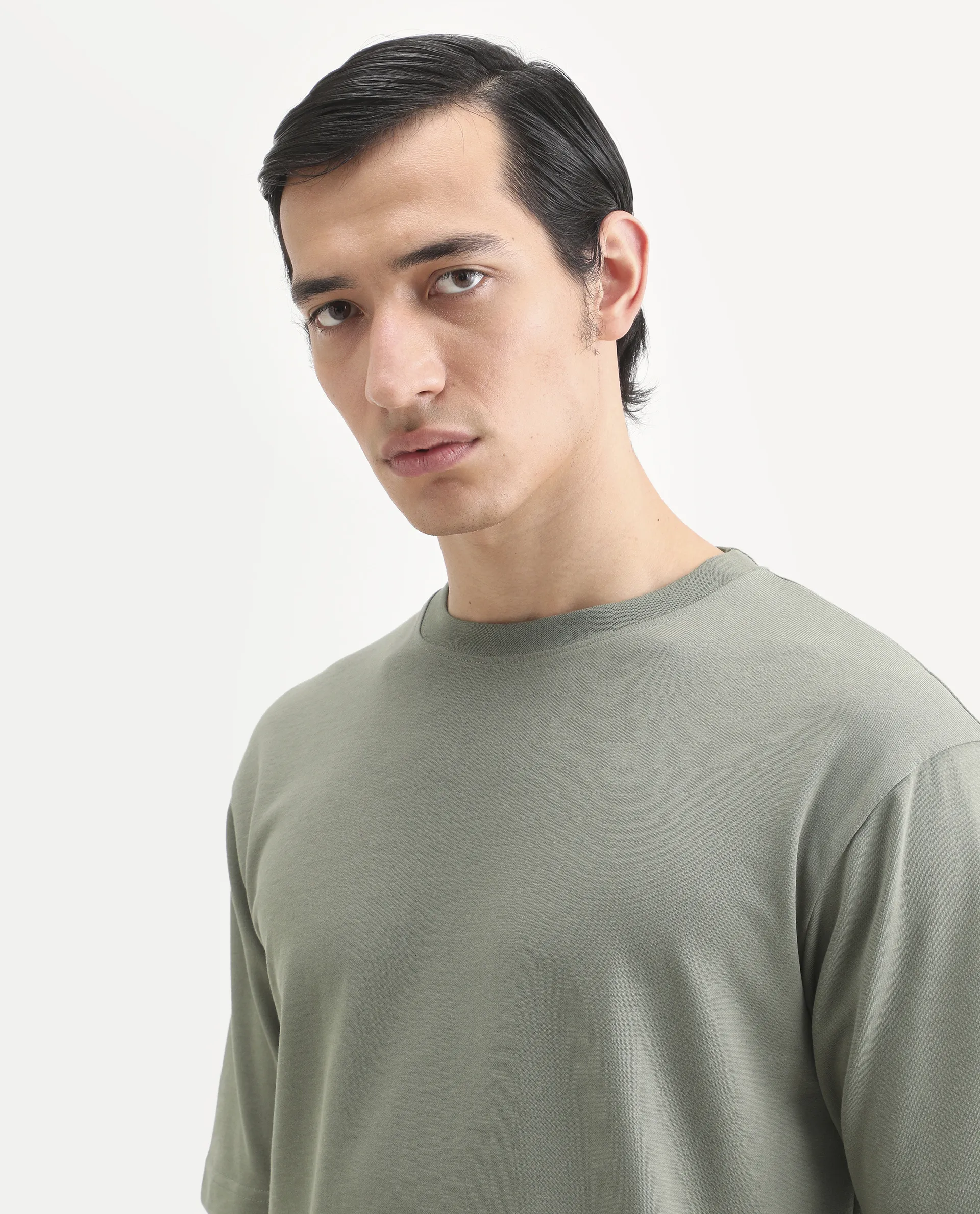 Rare Rabbit Men's Qlo-S26 Dusky Green Cotton Blend Fabric Half Sleeve Crew Neck Oversize Plain T-Shirt - Image 3