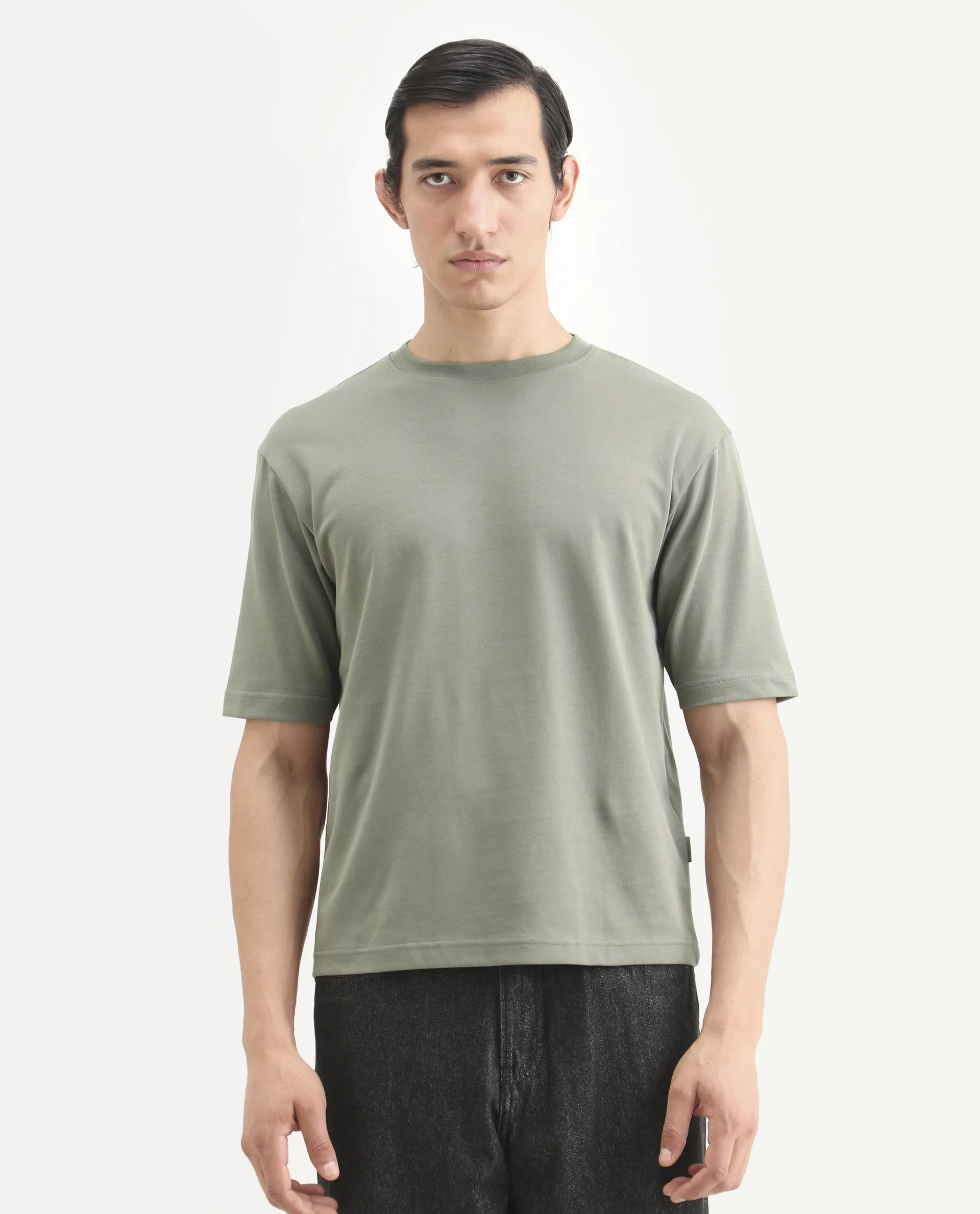 Rare Rabbit Men's Qlo-S26 Dusky Green Cotton Blend Fabric Half Sleeve Crew Neck Oversize Plain T-Shirt - Image 4