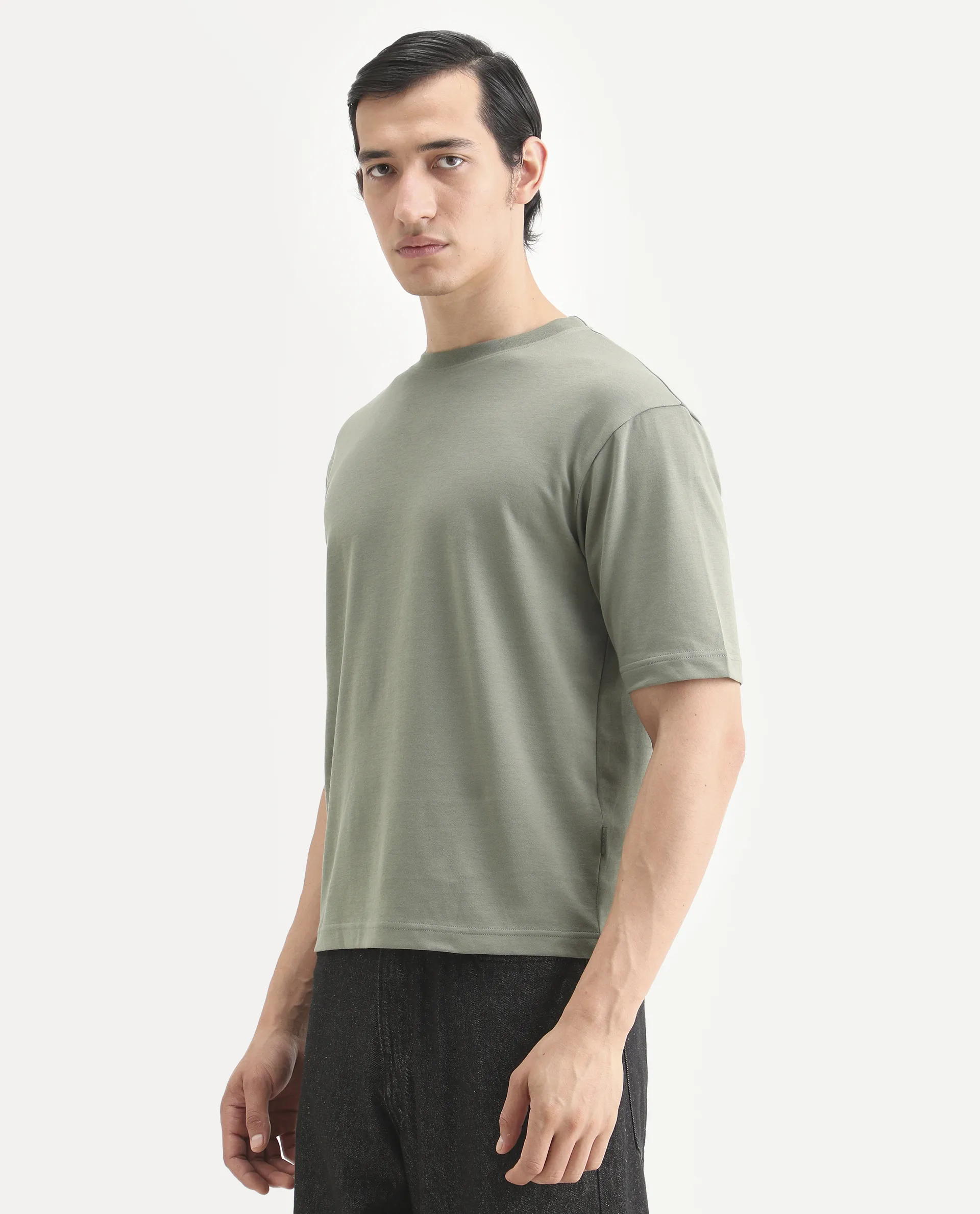 Rare Rabbit Men's Qlo-S26 Dusky Green Cotton Blend Fabric Half Sleeve Crew Neck Oversize Plain T-Shirt - Image 5