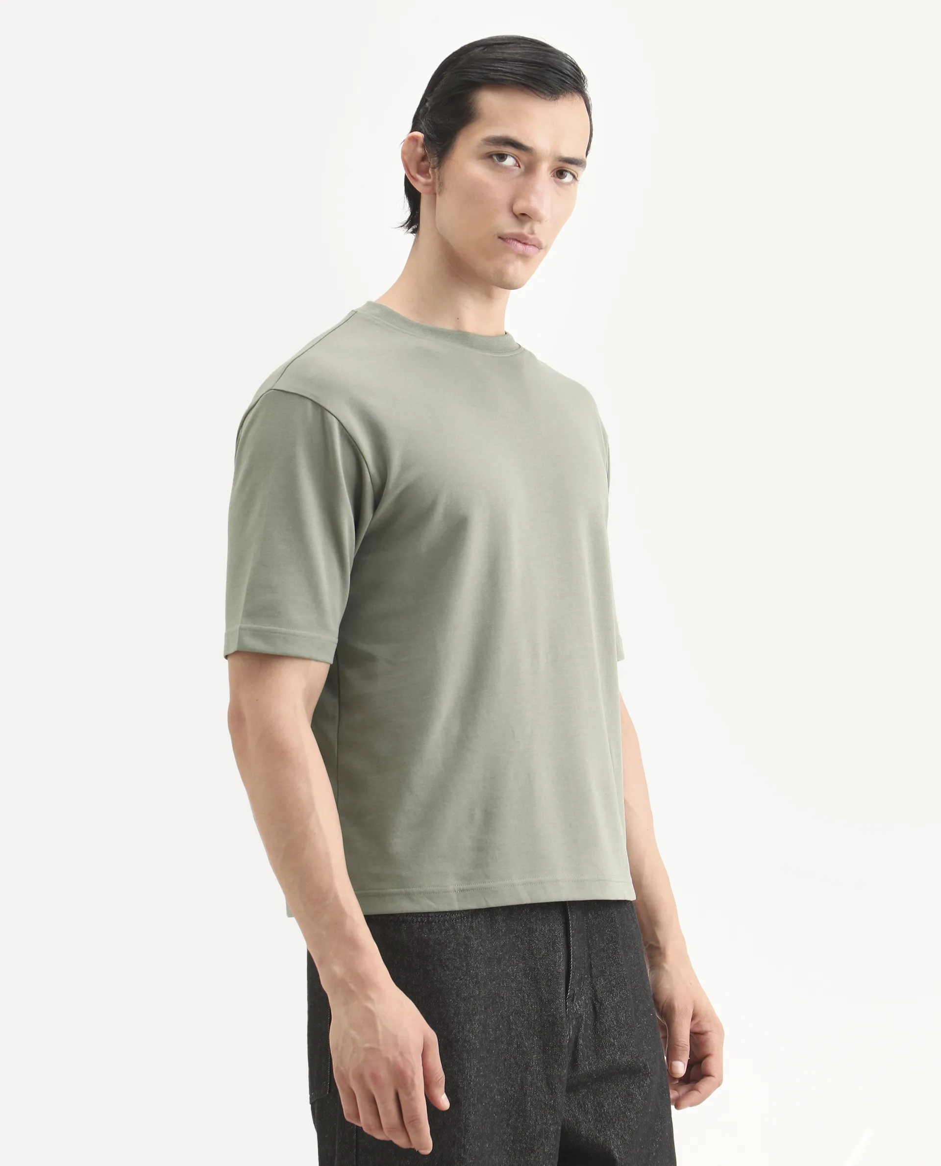 Rare Rabbit Men's Qlo-S26 Dusky Green Cotton Blend Fabric Half Sleeve Crew Neck Oversize Plain T-Shirt - Image 6