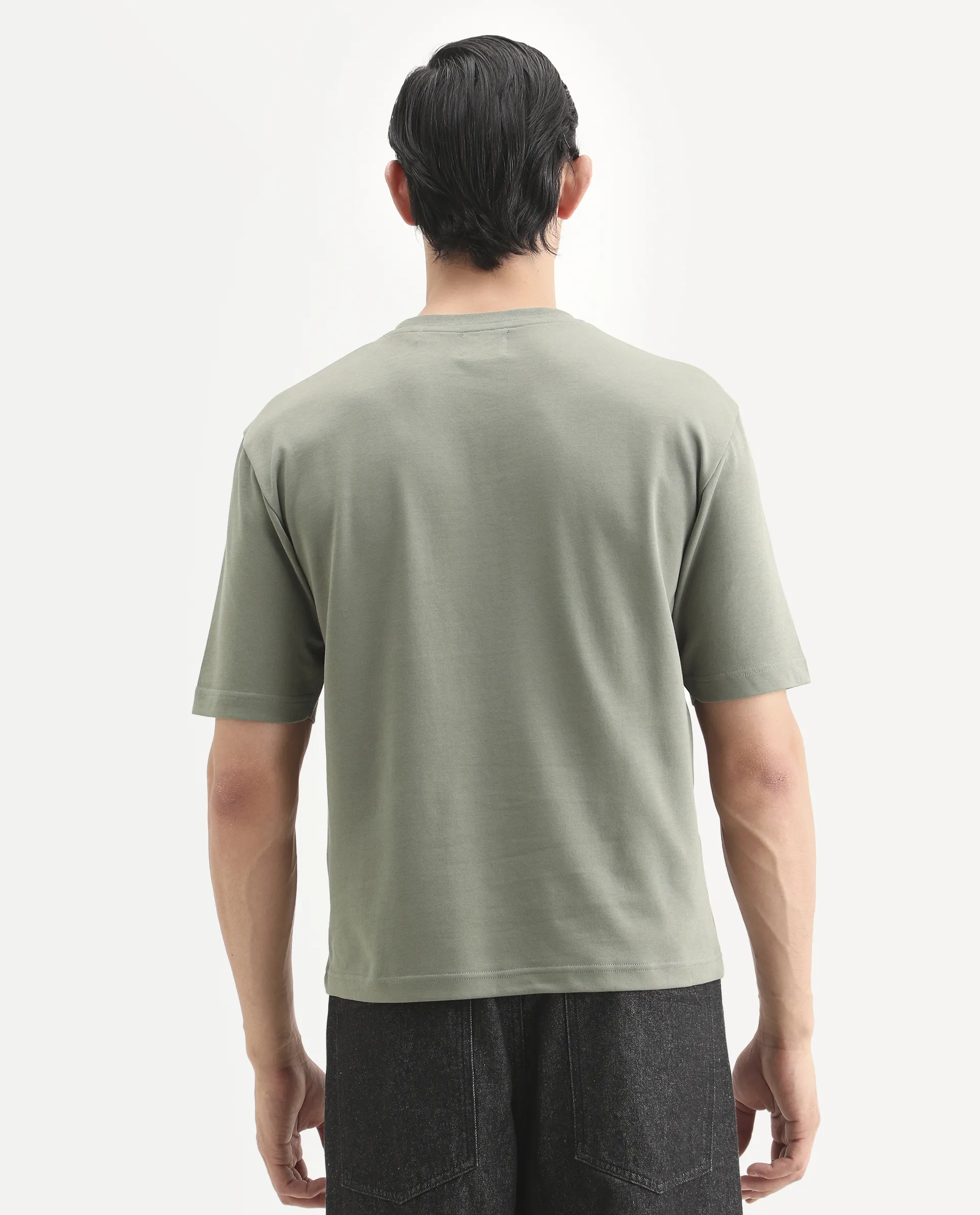 Rare Rabbit Men's Qlo-S26 Dusky Green Cotton Blend Fabric Half Sleeve Crew Neck Oversize Plain T-Shirt - Image 7