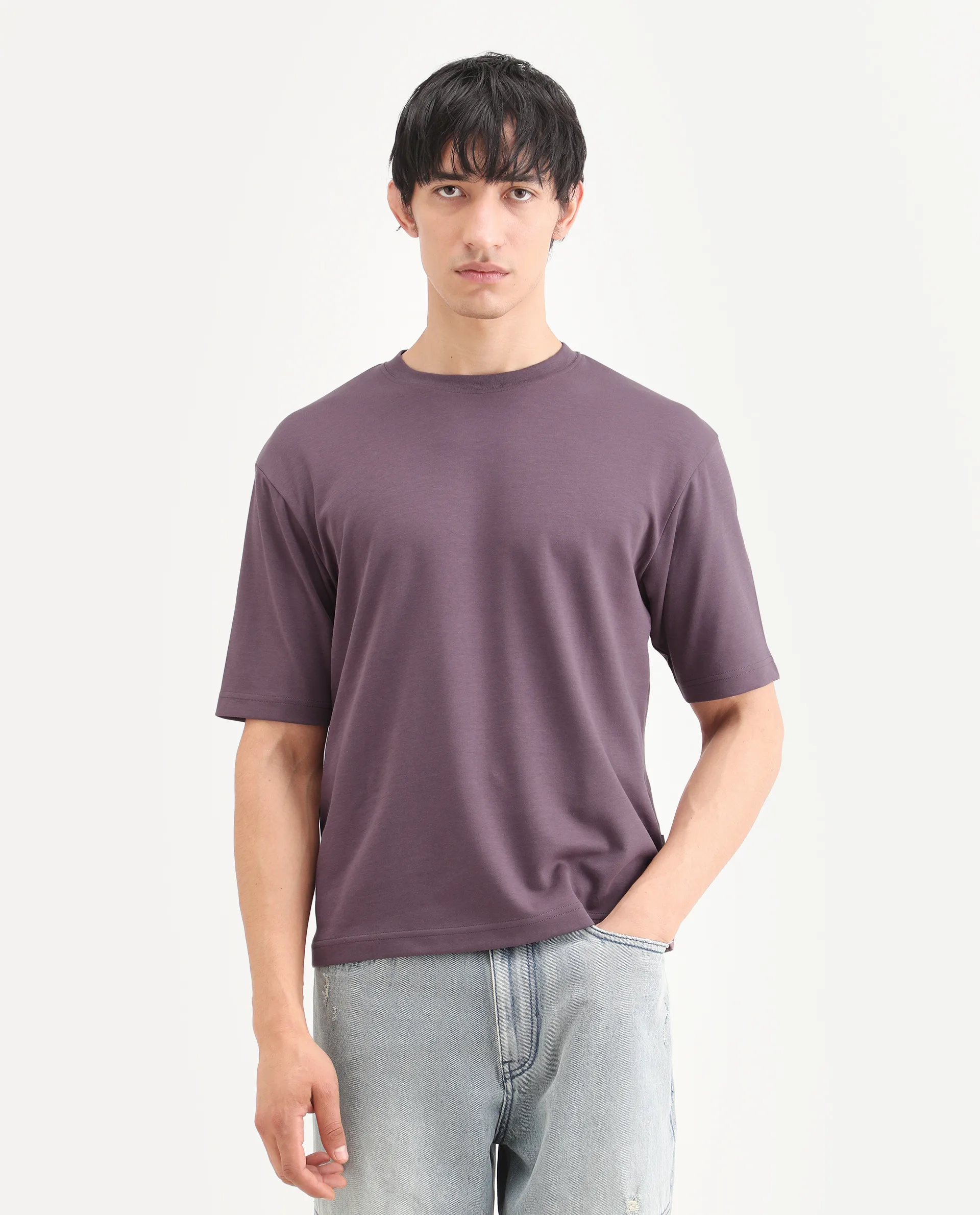 Rare Rabbit Men's Qlo-S26 Dusky Pink Cotton Blend Fabric Half Sleeve Crew Neck Oversize Plain T-Shirt - Image 3