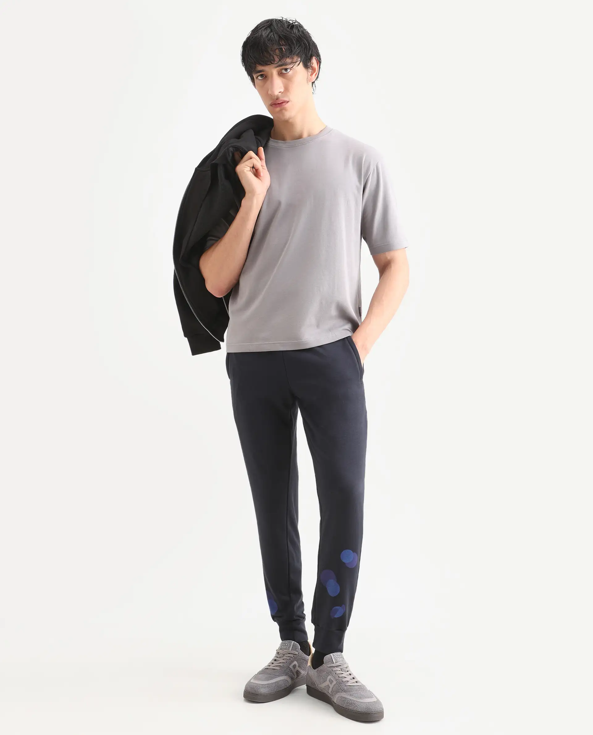 Rare Rabbit Men's Qlo-S26 Light Grey Cotton Blend Fabric Half Sleeve Crew Neck Oversize Plain T-Shirt - Image 2