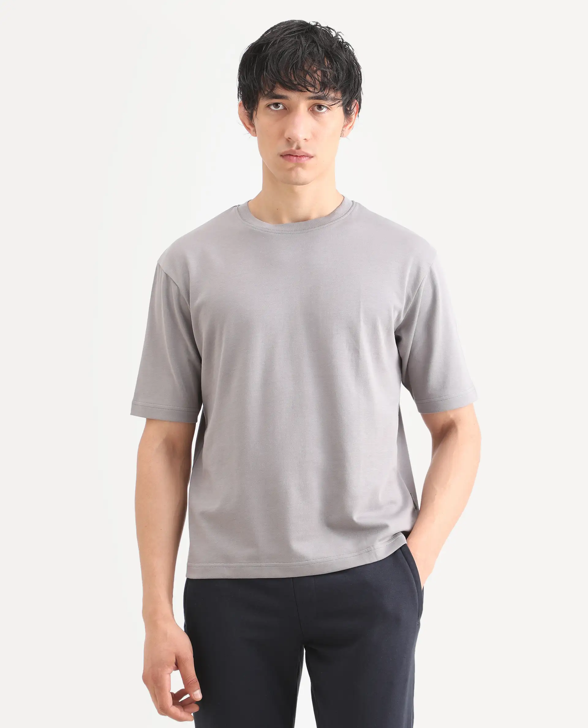 Rare Rabbit Men's Qlo-S26 Light Grey Cotton Blend Fabric Half Sleeve Crew Neck Oversize Plain T-Shirt - Image 3