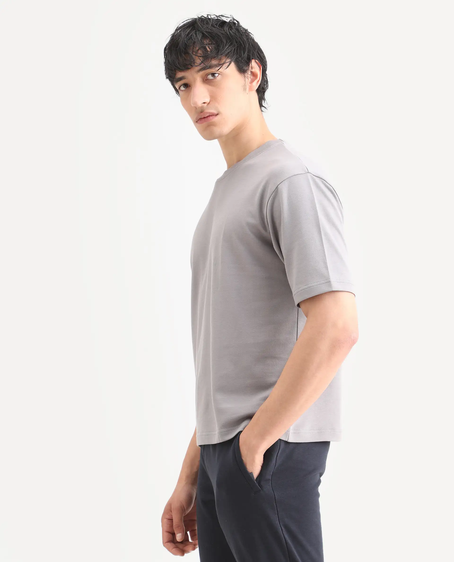 Rare Rabbit Men's Qlo-S26 Light Grey Cotton Blend Fabric Half Sleeve Crew Neck Oversize Plain T-Shirt - Image 5