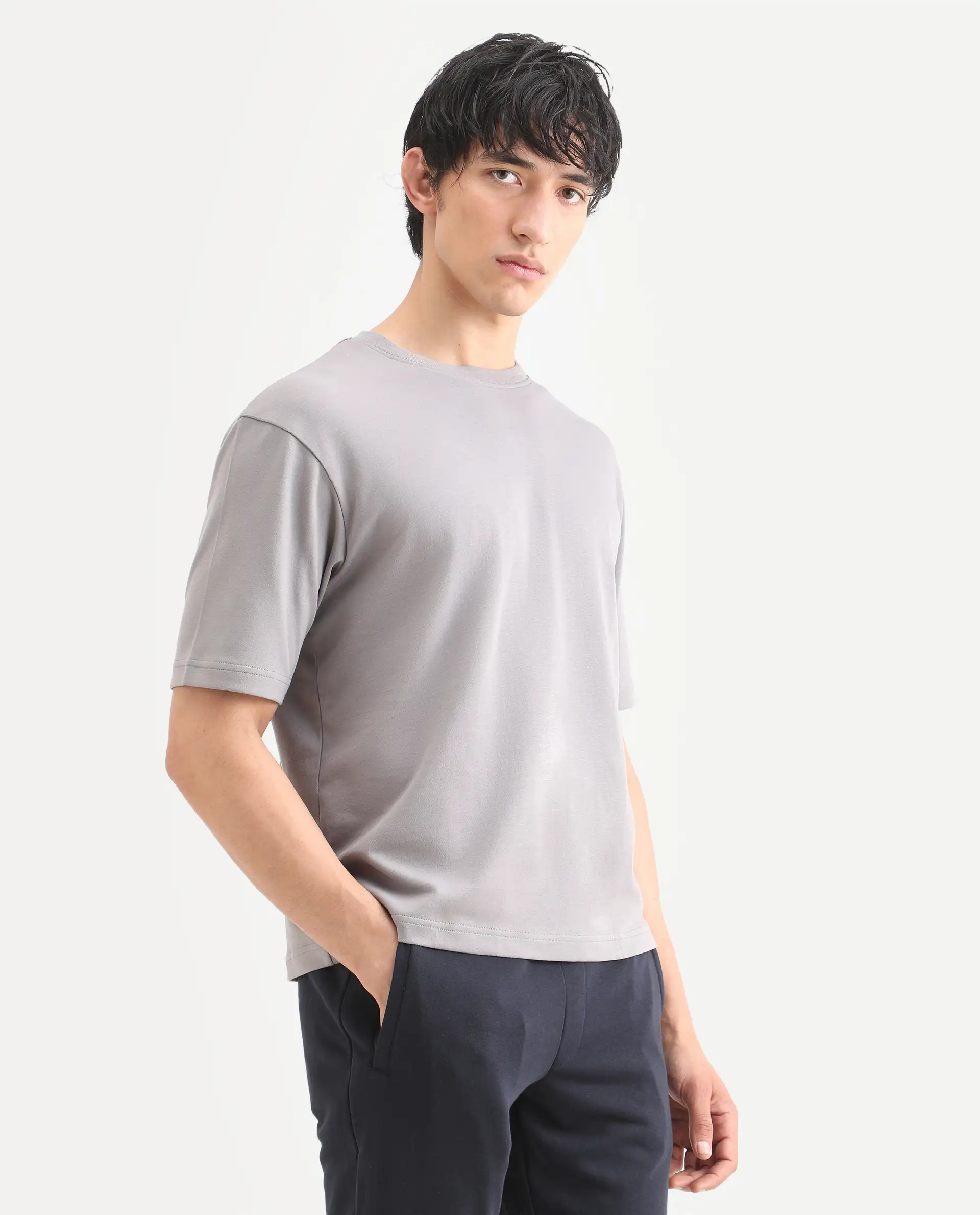 Rare Rabbit Men's Qlo-S26 Light Grey Cotton Blend Fabric Half Sleeve Crew Neck Oversize Plain T-Shirt - Image 6
