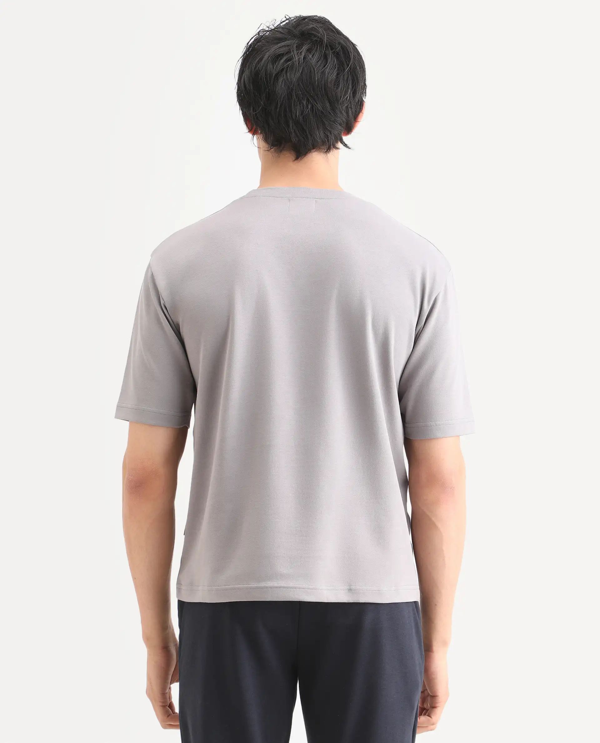 Rare Rabbit Men's Qlo-S26 Light Grey Cotton Blend Fabric Half Sleeve Crew Neck Oversize Plain T-Shirt - Image 7