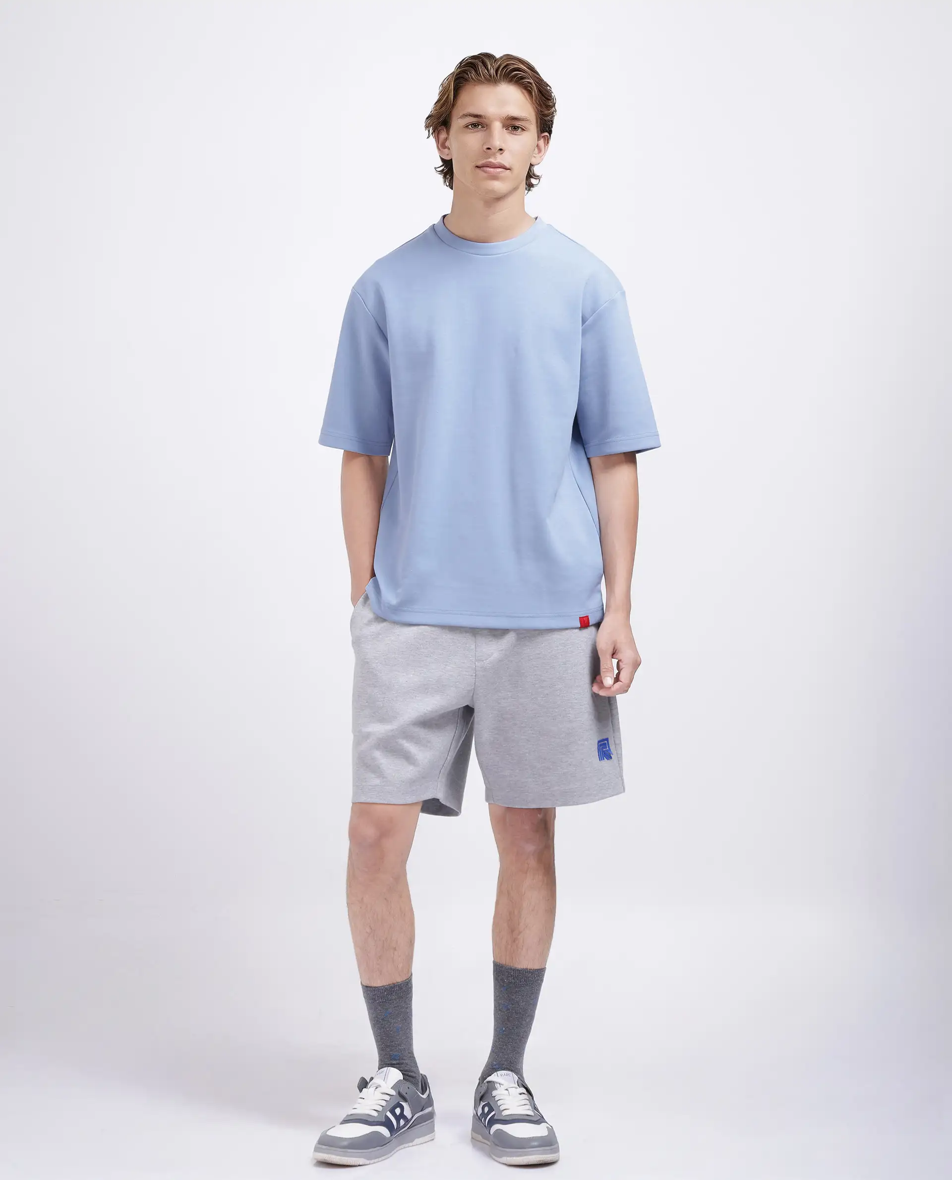 Rare Rabbit Men's Qlos Dusky Blue Cotton Blend Plain Boxy Fit Half Sleeve Crew Neck T-Shirt - Image 3