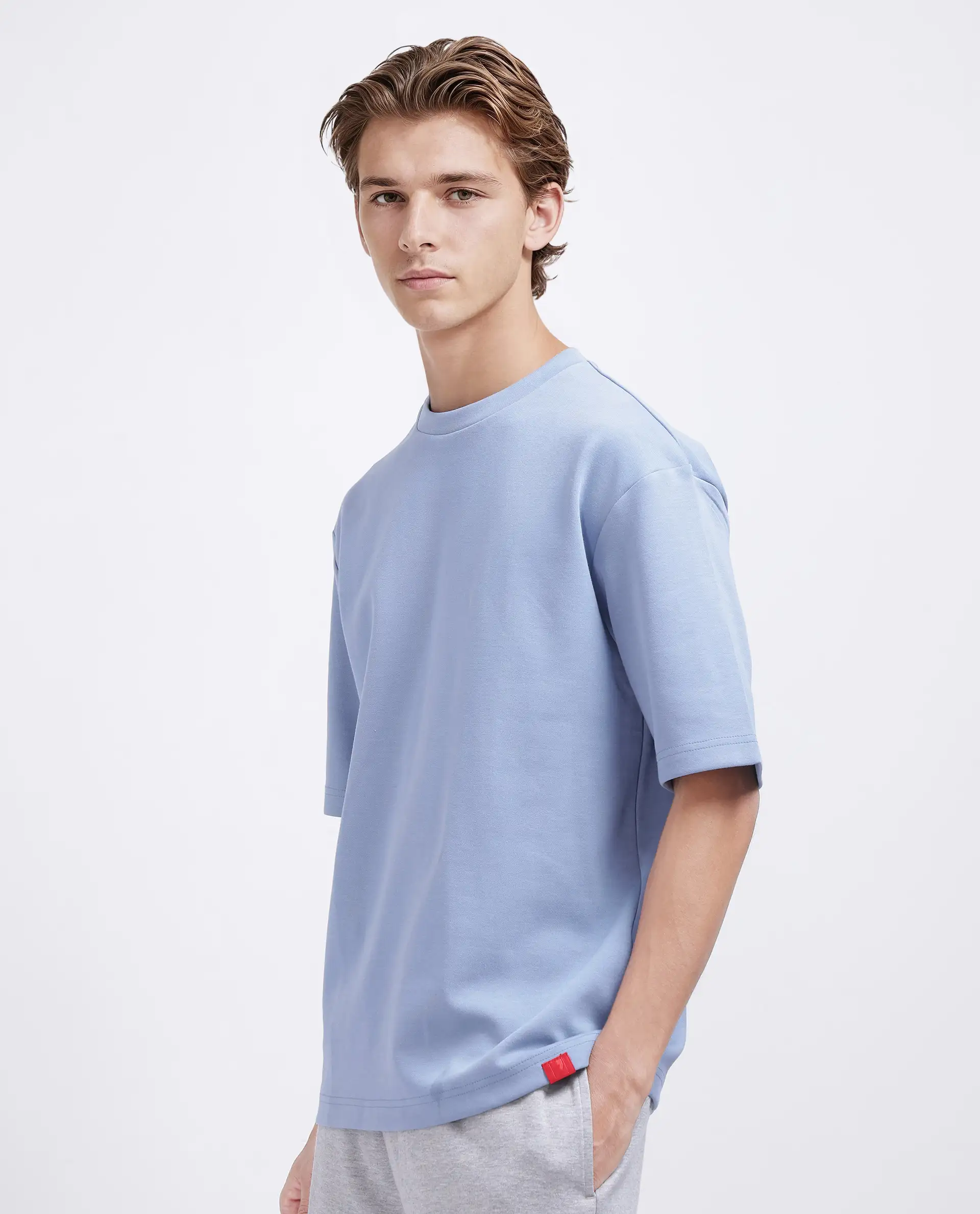 Rare Rabbit Men's Qlos Dusky Blue Cotton Blend Plain Boxy Fit Half Sleeve Crew Neck T-Shirt - Image 6