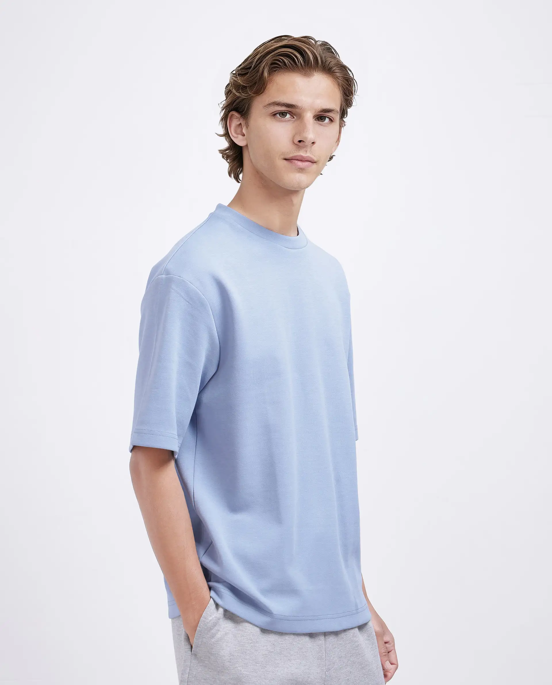 Rare Rabbit Men's Qlos Dusky Blue Cotton Blend Plain Boxy Fit Half Sleeve Crew Neck T-Shirt - Image 7