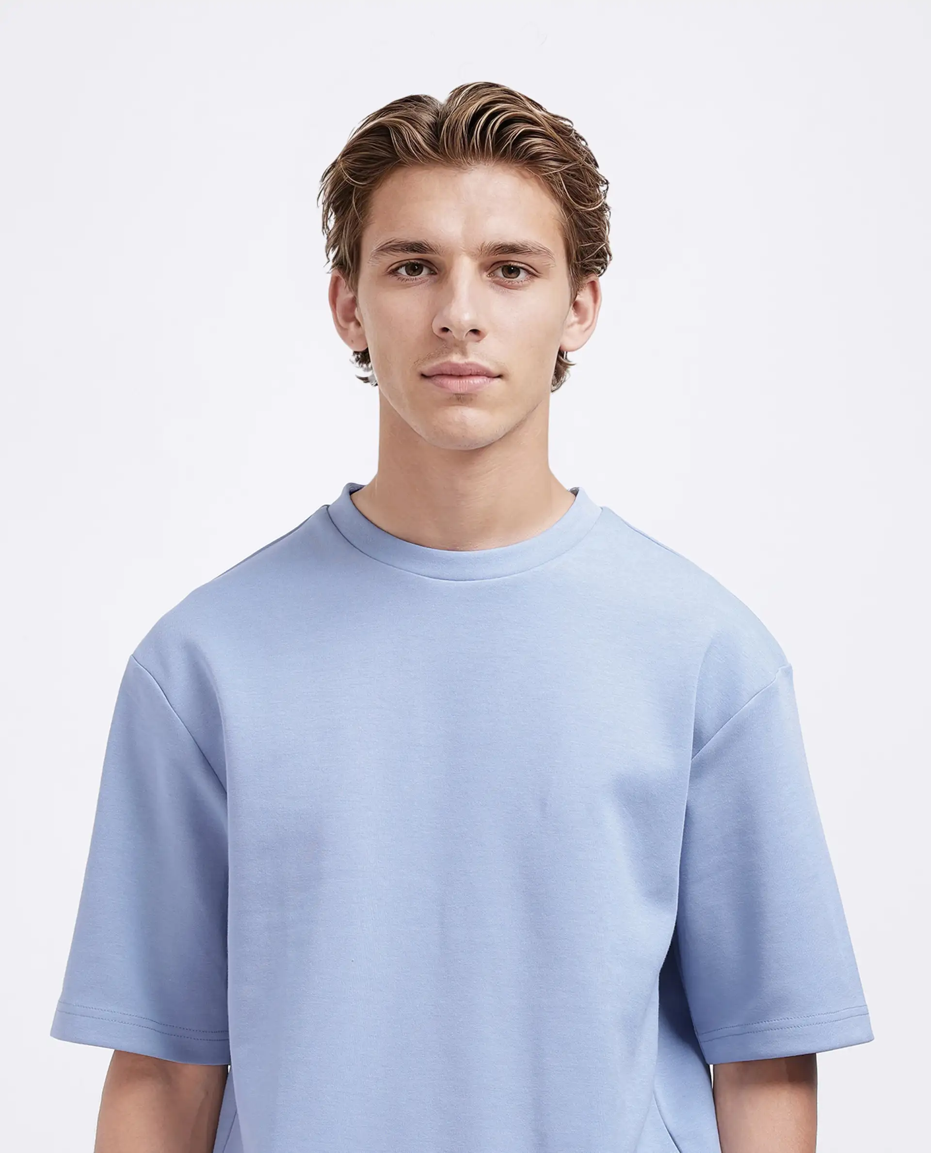 Rare Rabbit Men's Qlos Dusky Blue Cotton Blend Plain Boxy Fit Half Sleeve Crew Neck T-Shirt - Image 8