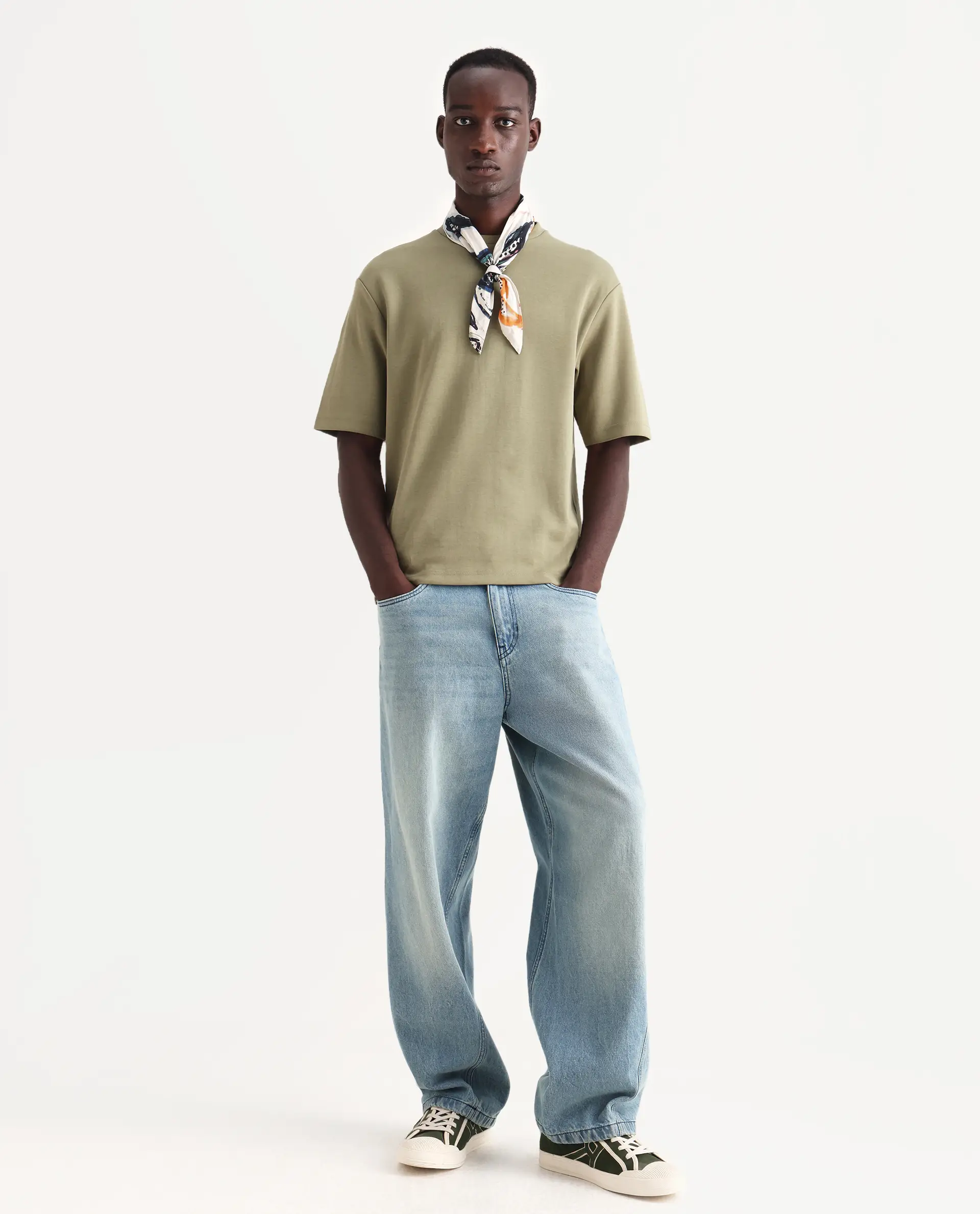 Rare Rabbit Men's Qlos Olive Cotton Blend Plain Boxy Fit Half Sleeve Crew Neck T-Shirt - Image 2