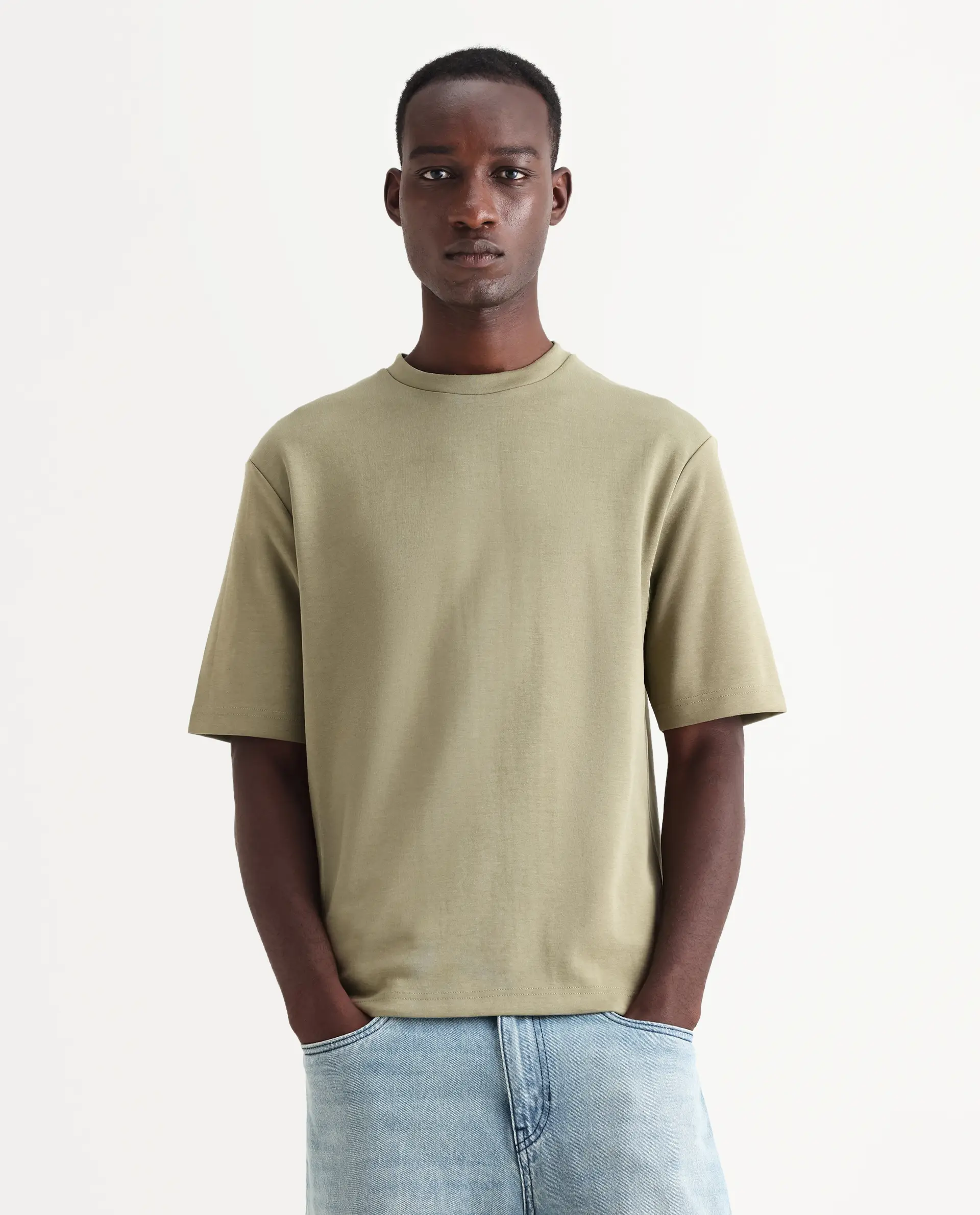 Rare Rabbit Men's Qlos Olive Cotton Blend Plain Boxy Fit Half Sleeve Crew Neck T-Shirt - Image 4