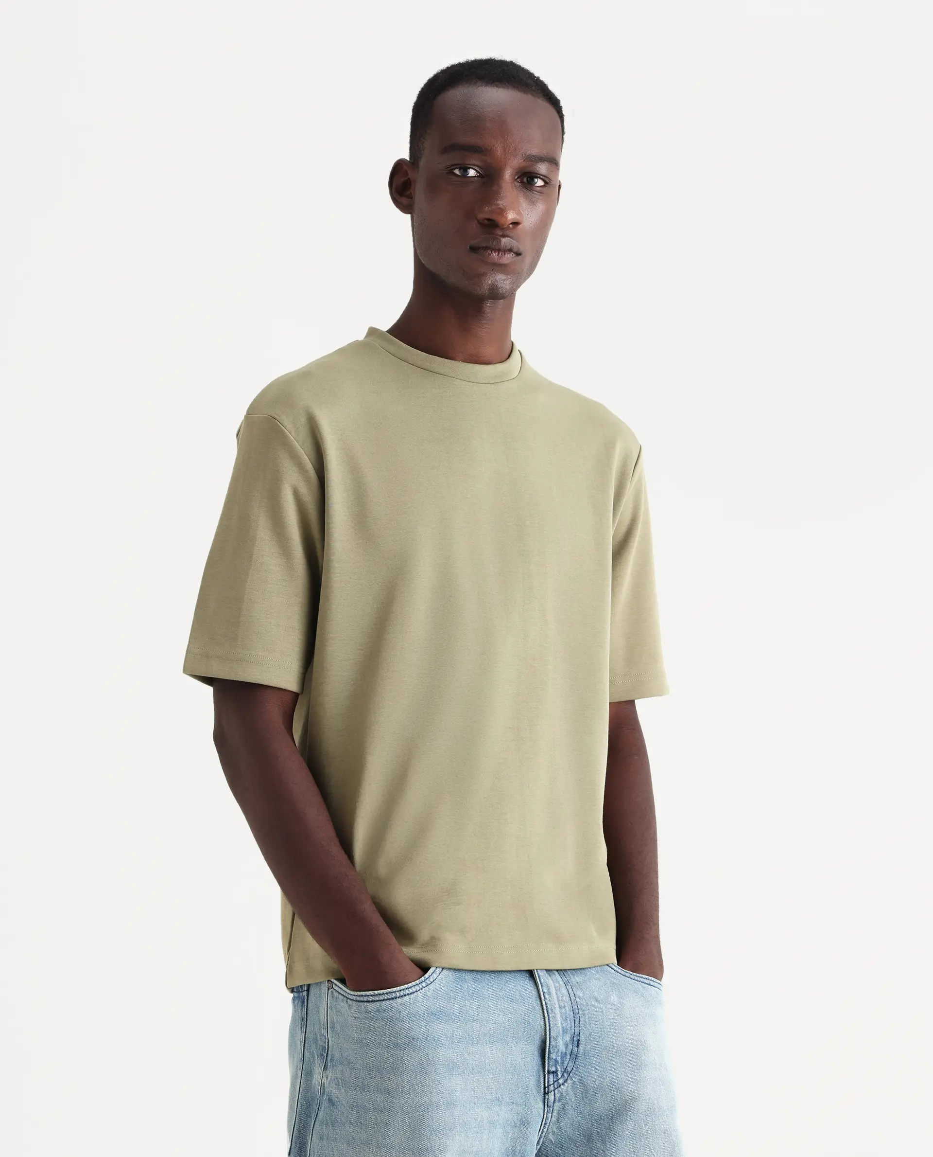 Rare Rabbit Men's Qlos Olive Cotton Blend Plain Boxy Fit Half Sleeve Crew Neck T-Shirt - Image 5