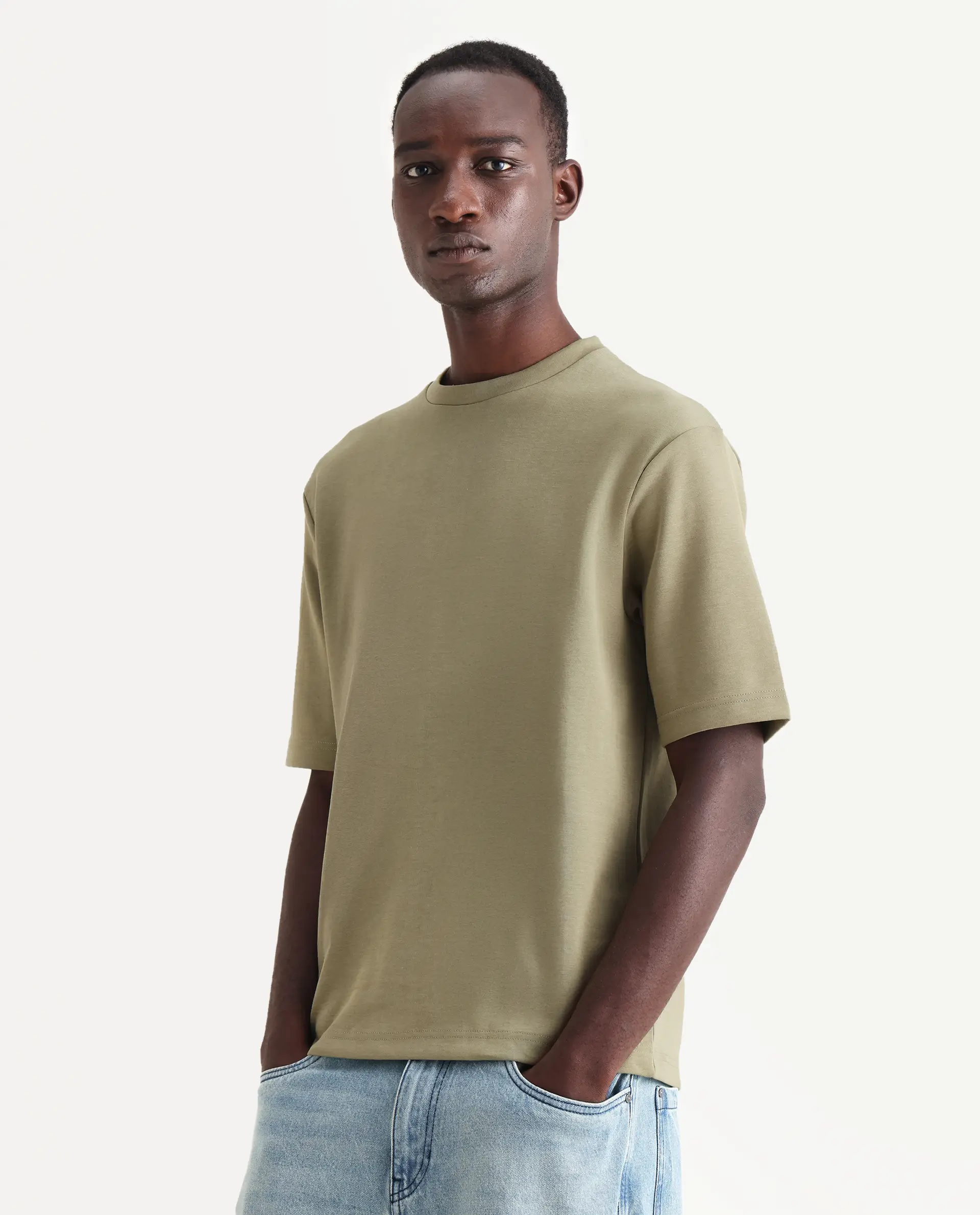 Rare Rabbit Men's Qlos Olive Cotton Blend Plain Boxy Fit Half Sleeve Crew Neck T-Shirt - Image 6