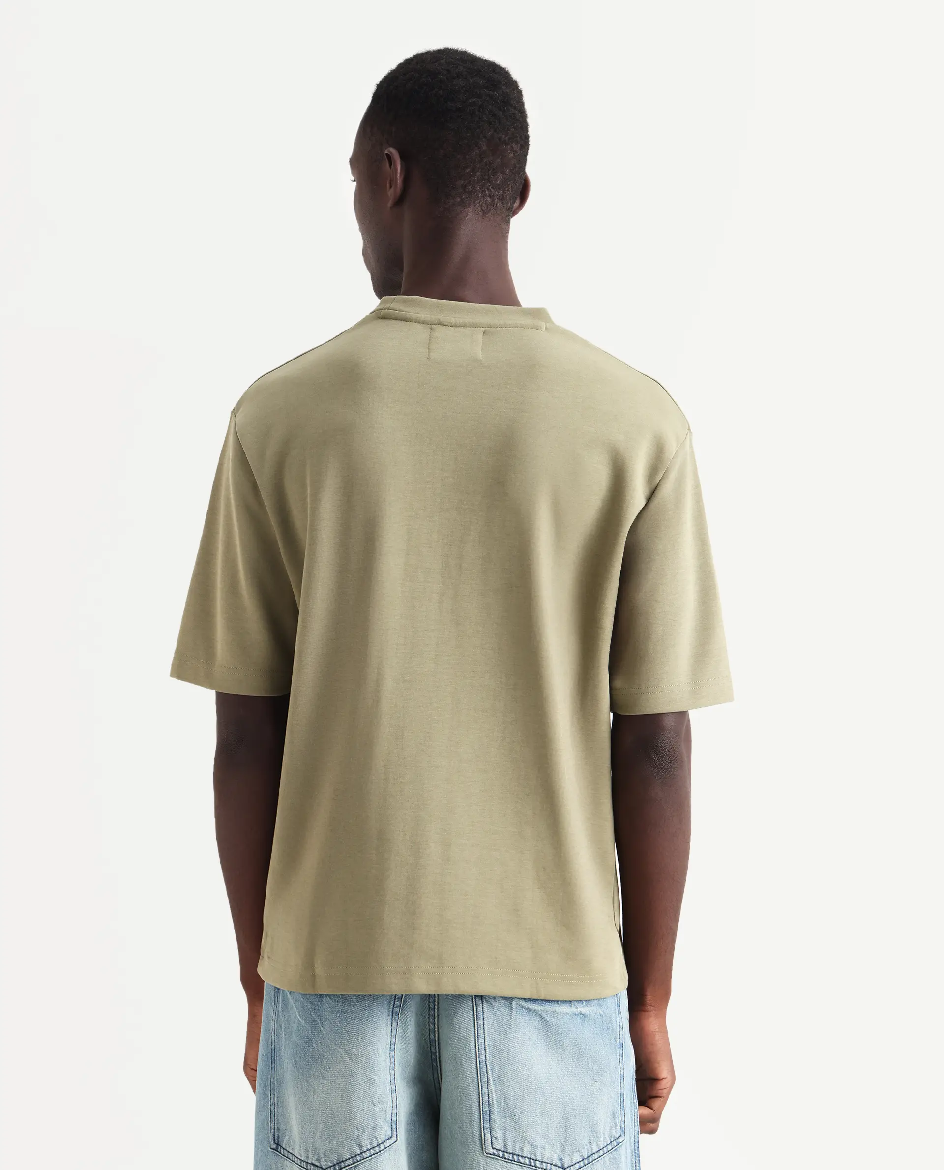 Rare Rabbit Men's Qlos Olive Cotton Blend Plain Boxy Fit Half Sleeve Crew Neck T-Shirt - Image 7