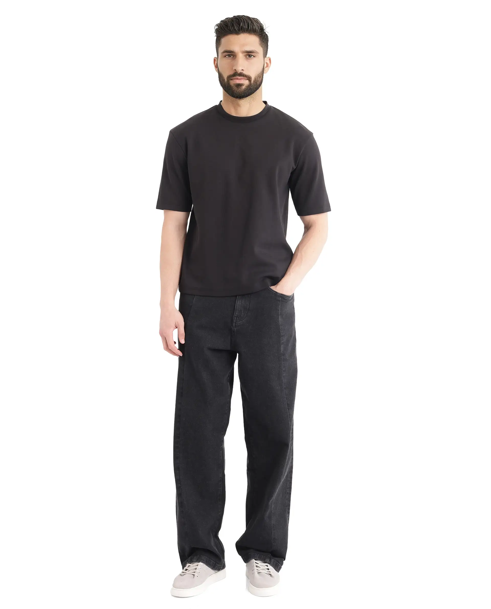 Rare Rabbit Men's Qlot Black Cotton Blend Plain Oversized Fit Half Sleeve Crew Neck T-Shirt - Image 2