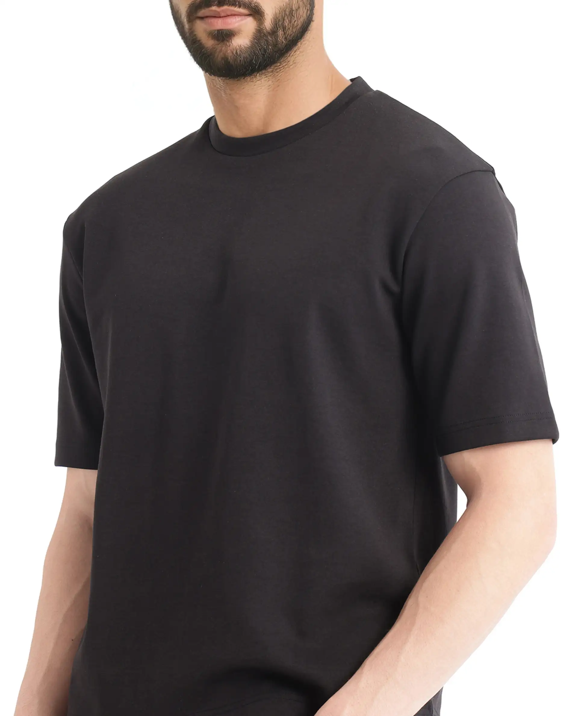 Rare Rabbit Men's Qlot Black Cotton Blend Plain Oversized Fit Half Sleeve Crew Neck T-Shirt - Image 3
