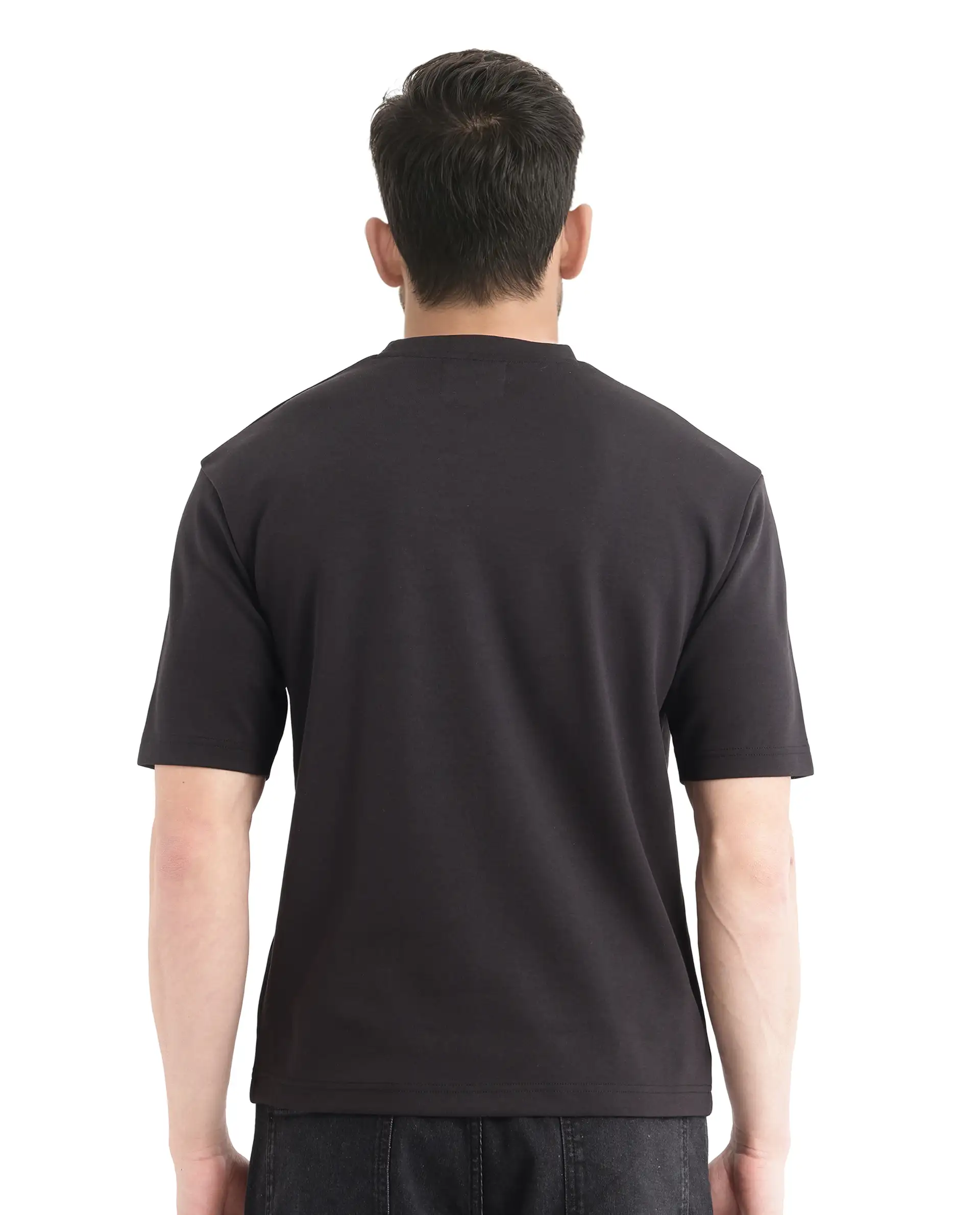 Rare Rabbit Men's Qlot Black Cotton Blend Plain Oversized Fit Half Sleeve Crew Neck T-Shirt - Image 4