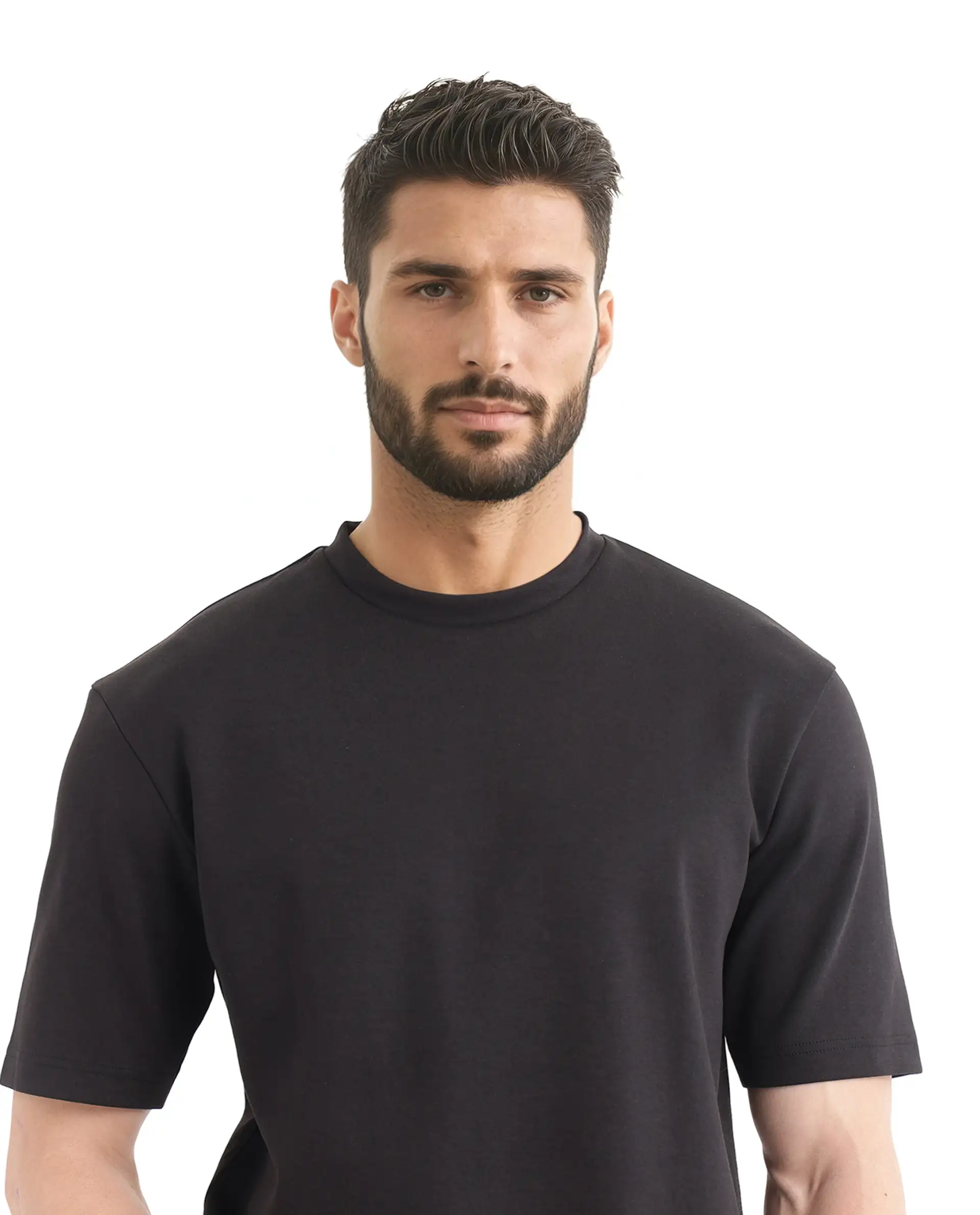Rare Rabbit Men's Qlot Black Cotton Blend Plain Oversized Fit Half Sleeve Crew Neck T-Shirt - Image 5
