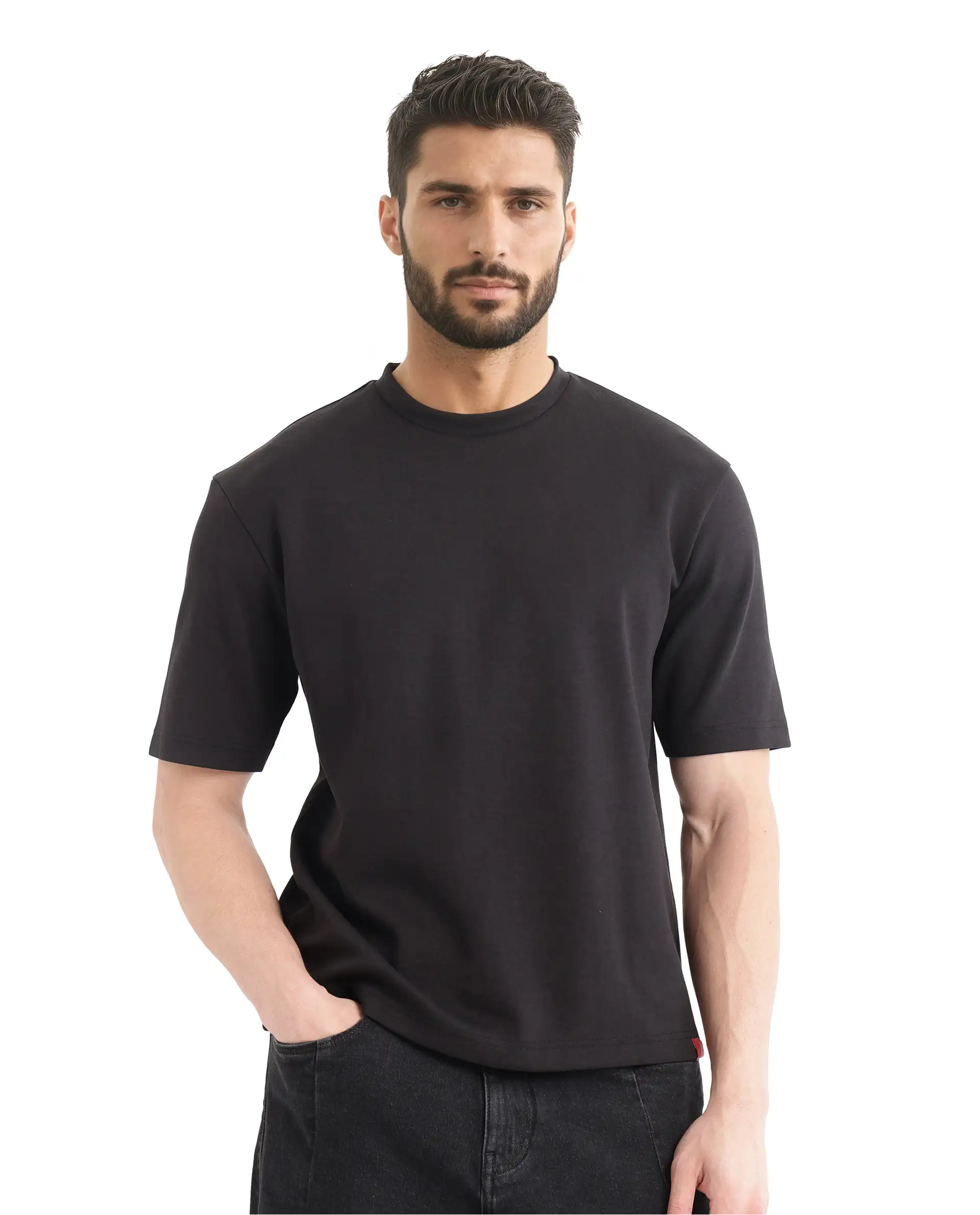 Rare Rabbit Men's Qlot Black Cotton Blend Plain Oversized Fit Half Sleeve Crew Neck T-Shirt - Image 6