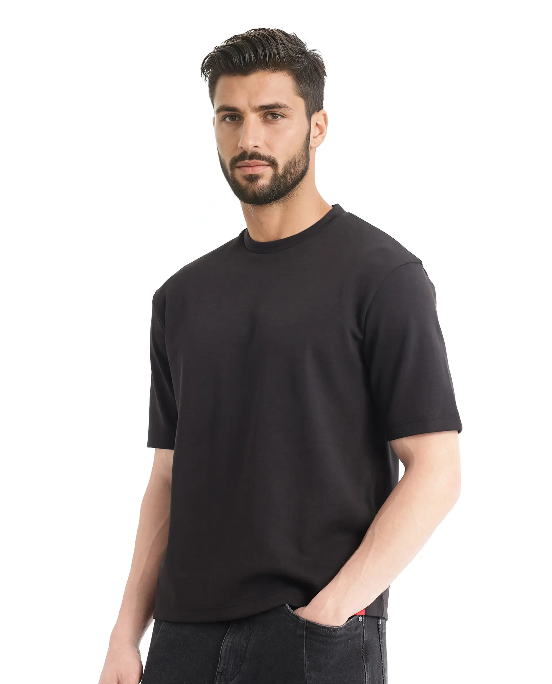 Rare Rabbit Men's Qlot Black Cotton Blend Plain Oversized Fit Half Sleeve Crew Neck T-Shirt - Image 7
