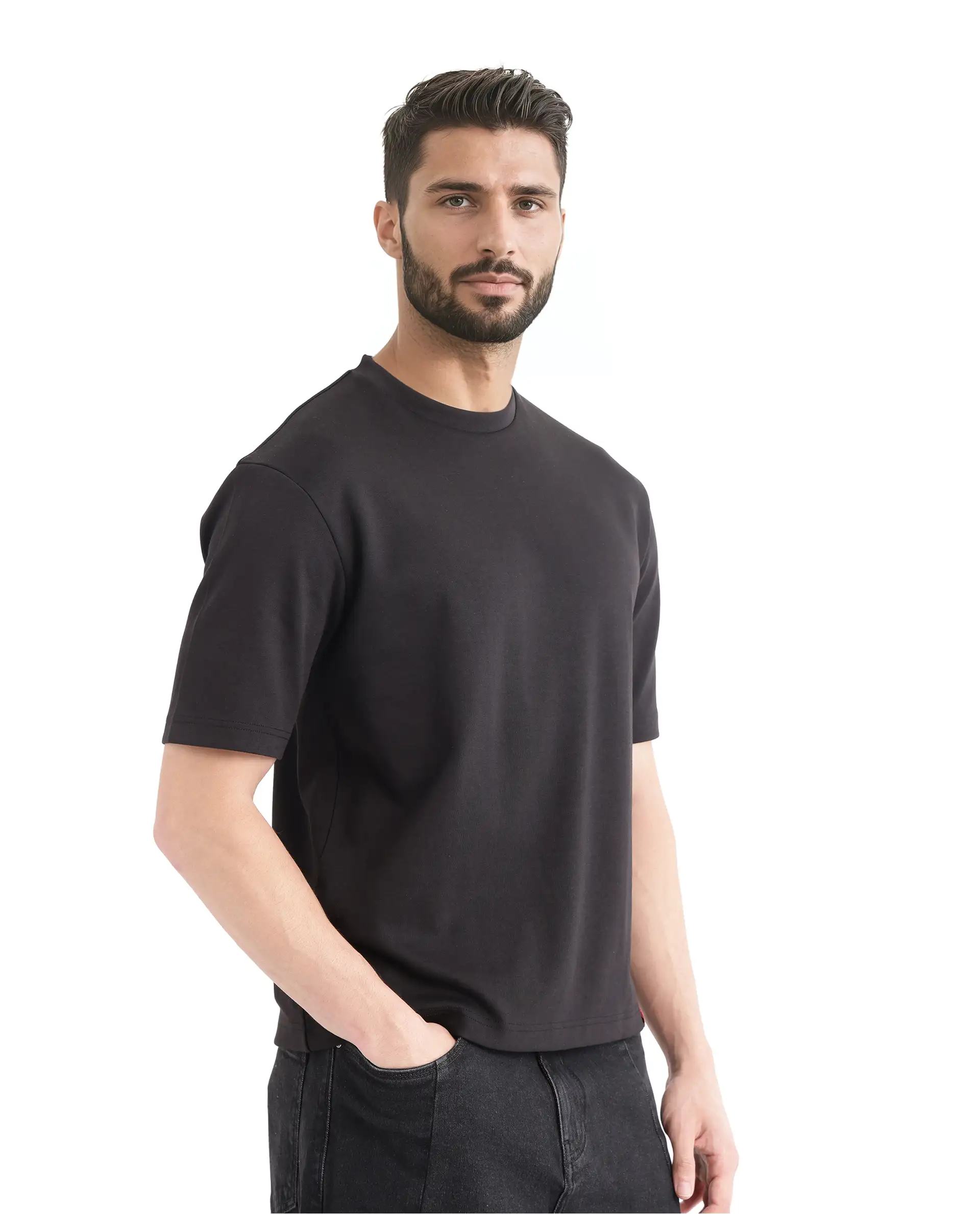 Rare Rabbit Men's Qlot Black Cotton Blend Plain Oversized Fit Half Sleeve Crew Neck T-Shirt - Image 8
