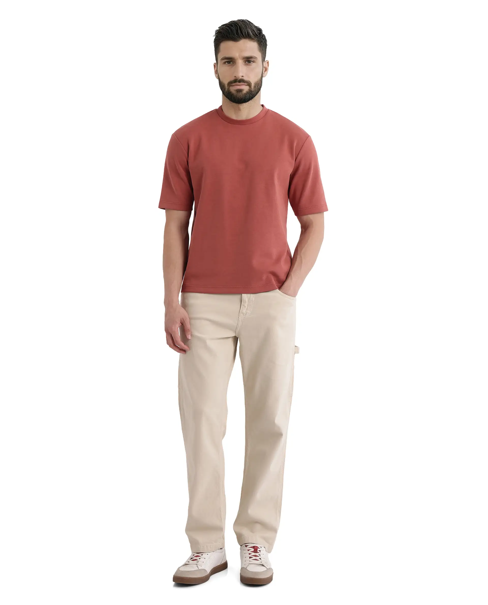 Rare Rabbit Men's Qlot Dusky Rust Cotton Blend Plain Oversized Fit Half Sleeve Crew Neck T-Shirt - Image 2