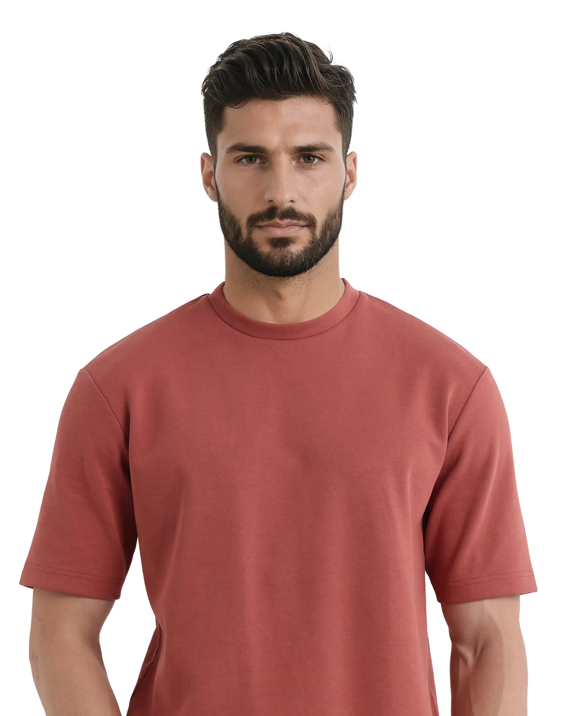 Rare Rabbit Men's Qlot Dusky Rust Cotton Blend Plain Oversized Fit Half Sleeve Crew Neck T-Shirt - Image 3