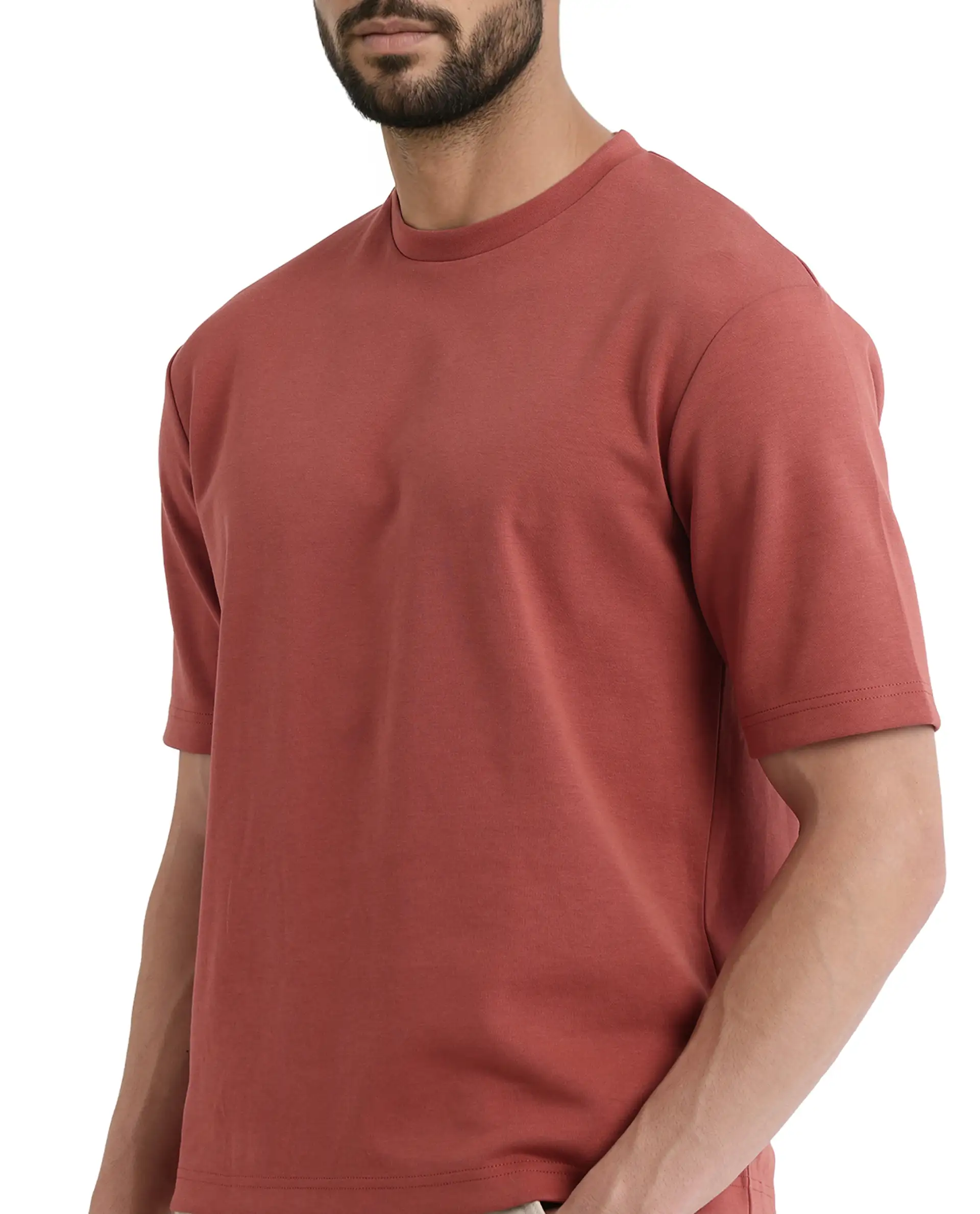 Rare Rabbit Men's Qlot Dusky Rust Cotton Blend Plain Oversized Fit Half Sleeve Crew Neck T-Shirt - Image 4