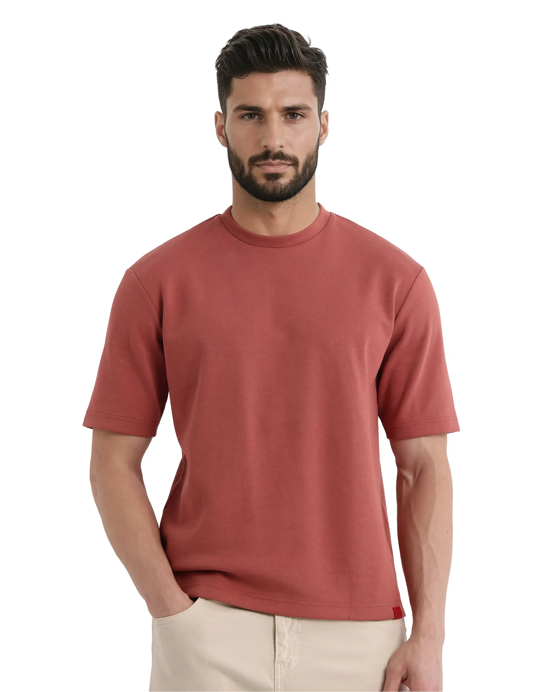 Rare Rabbit Men's Qlot Dusky Rust Cotton Blend Plain Oversized Fit Half Sleeve Crew Neck T-Shirt - Image 5