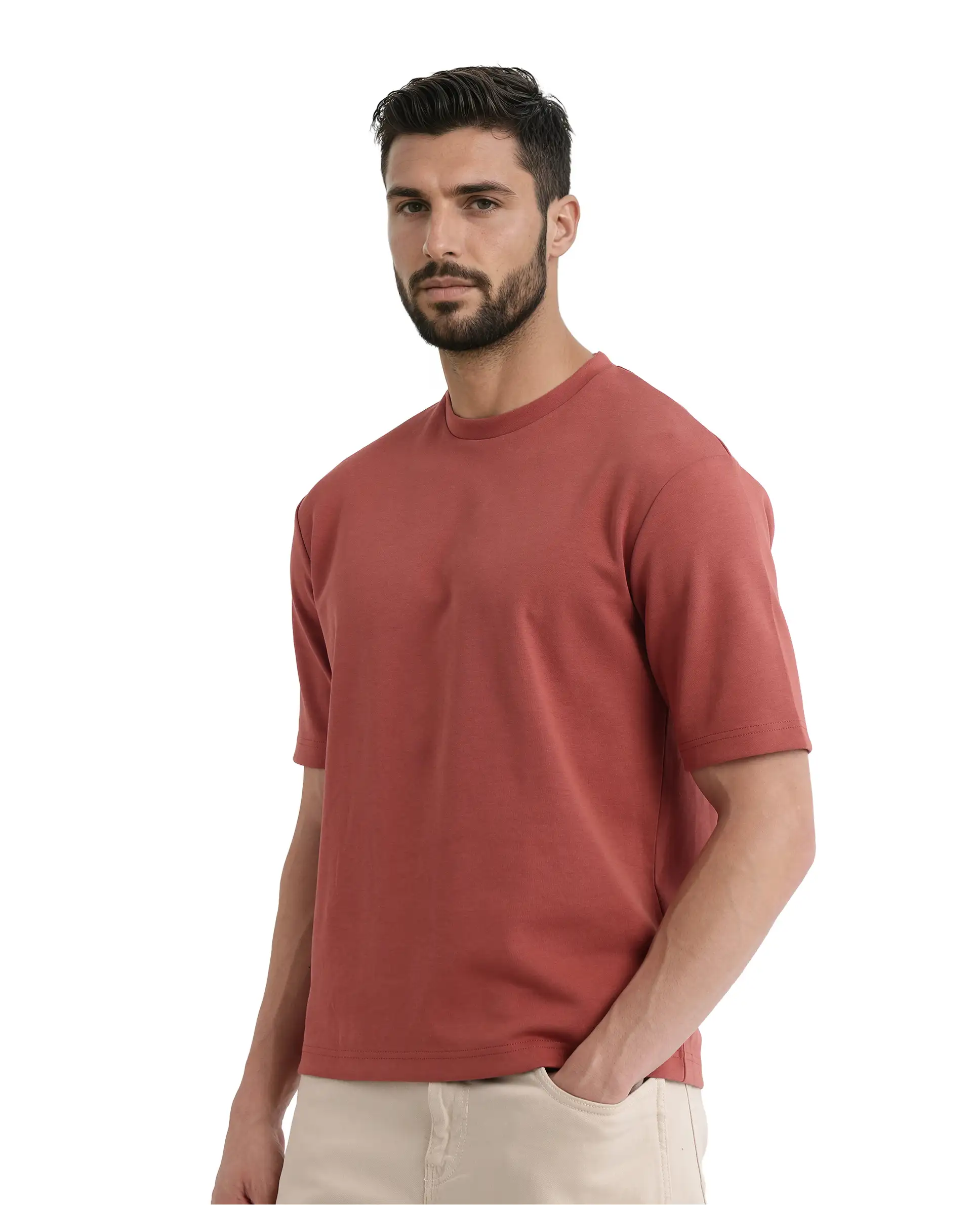 Rare Rabbit Men's Qlot Dusky Rust Cotton Blend Plain Oversized Fit Half Sleeve Crew Neck T-Shirt - Image 6