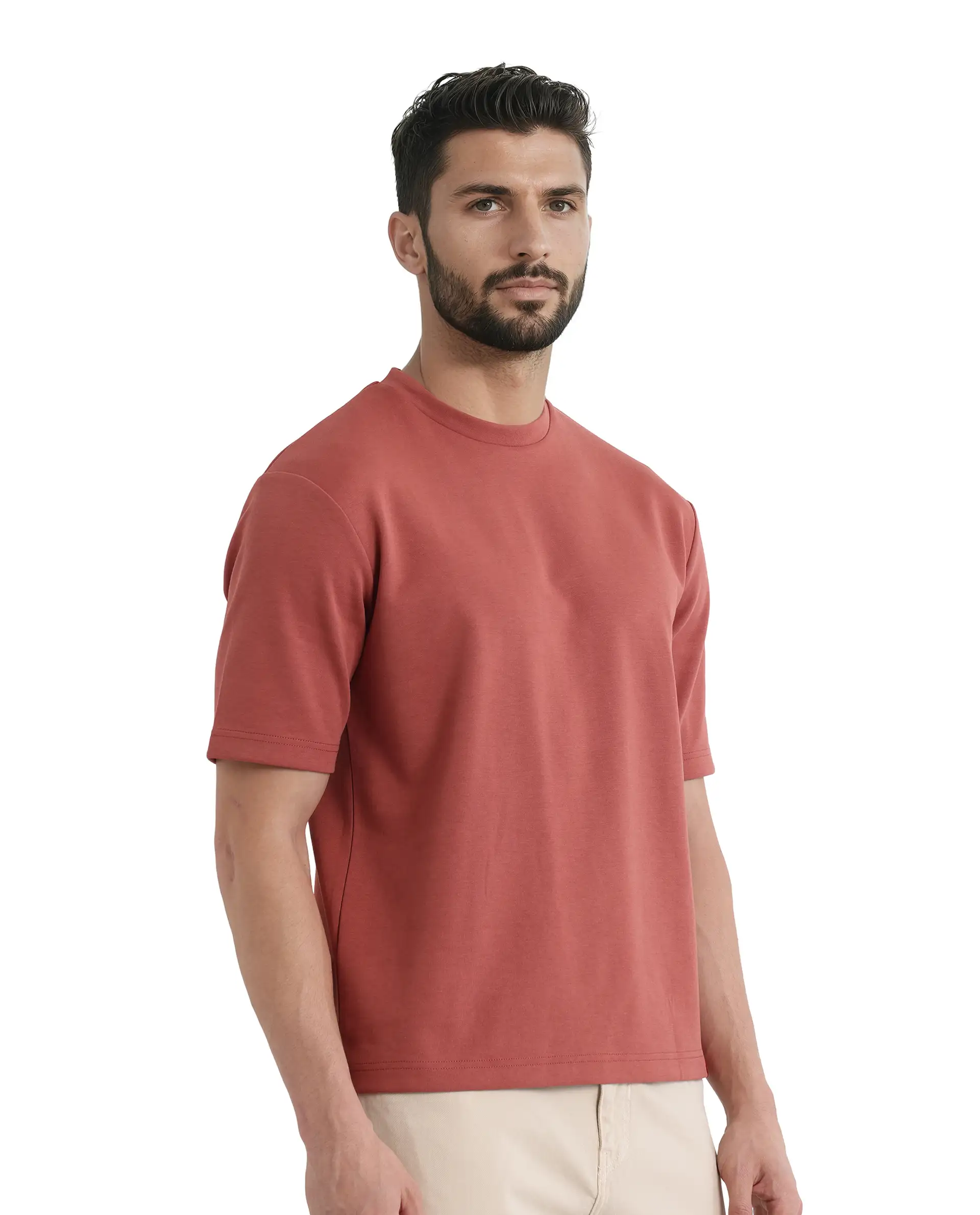 Rare Rabbit Men's Qlot Dusky Rust Cotton Blend Plain Oversized Fit Half Sleeve Crew Neck T-Shirt - Image 7