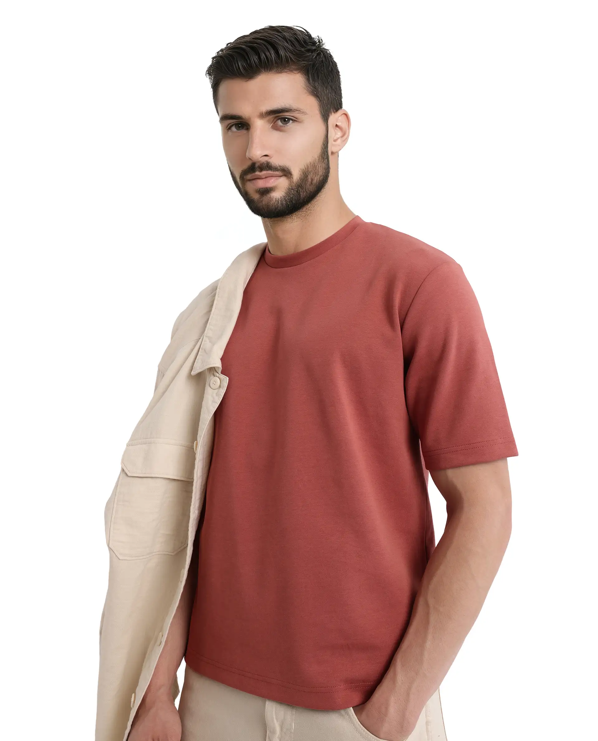 Rare Rabbit Men's Qlot Dusky Rust Cotton Blend Plain Oversized Fit Half Sleeve Crew Neck T-Shirt - Image 8