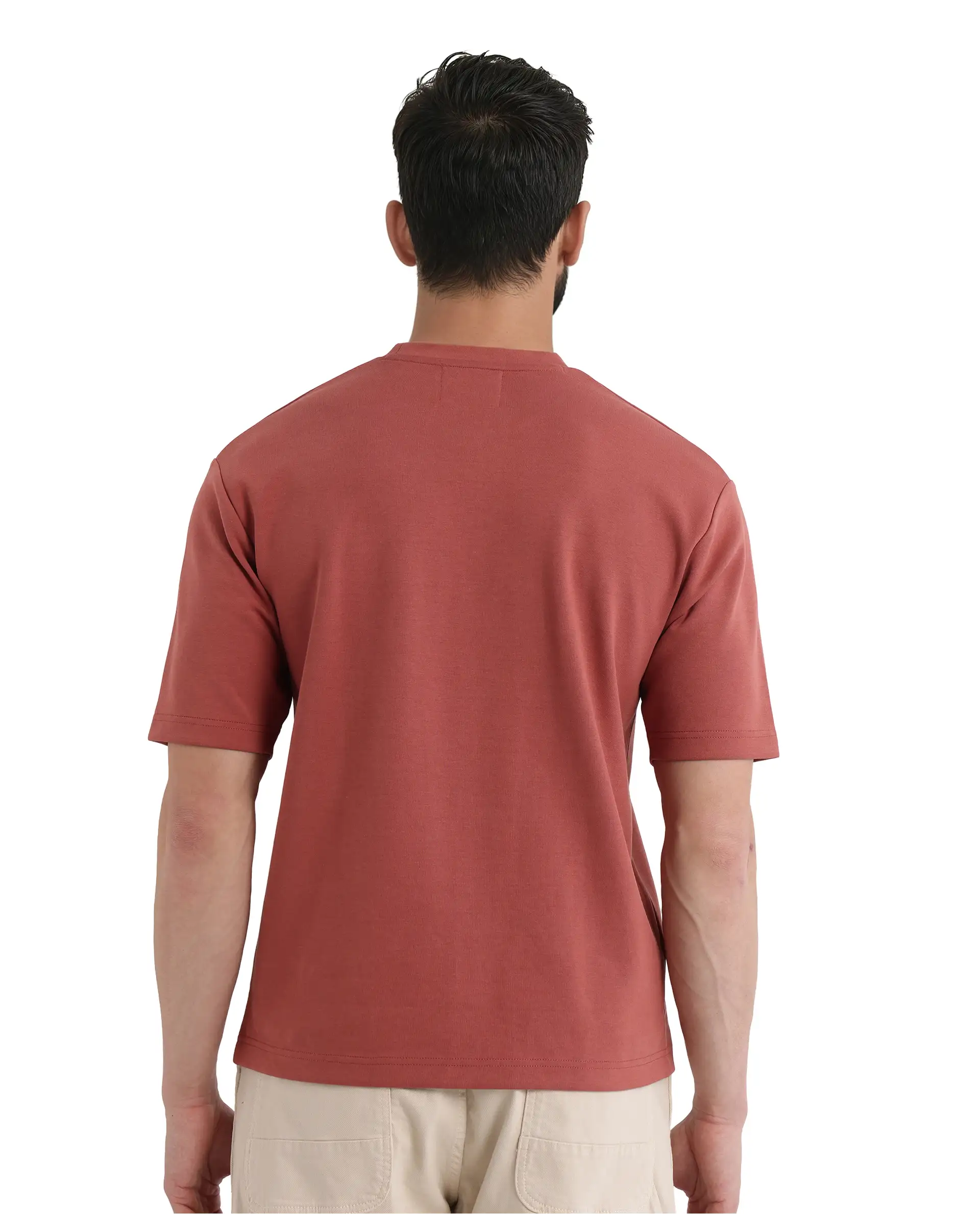 Rare Rabbit Men's Qlot Dusky Rust Cotton Blend Plain Oversized Fit Half Sleeve Crew Neck T-Shirt - Image 9