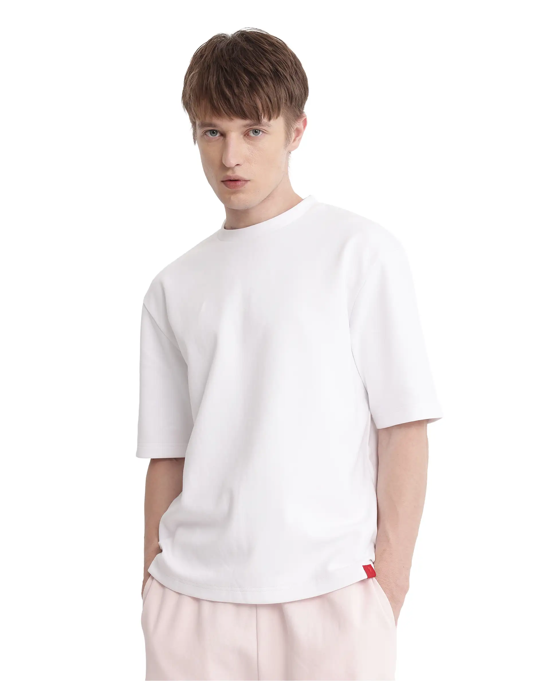 Rare Rabbit Men's Qlot White Cotton Blend Plain Oversized Fit Half Sleeve Crew Neck T-Shirt - Image 2