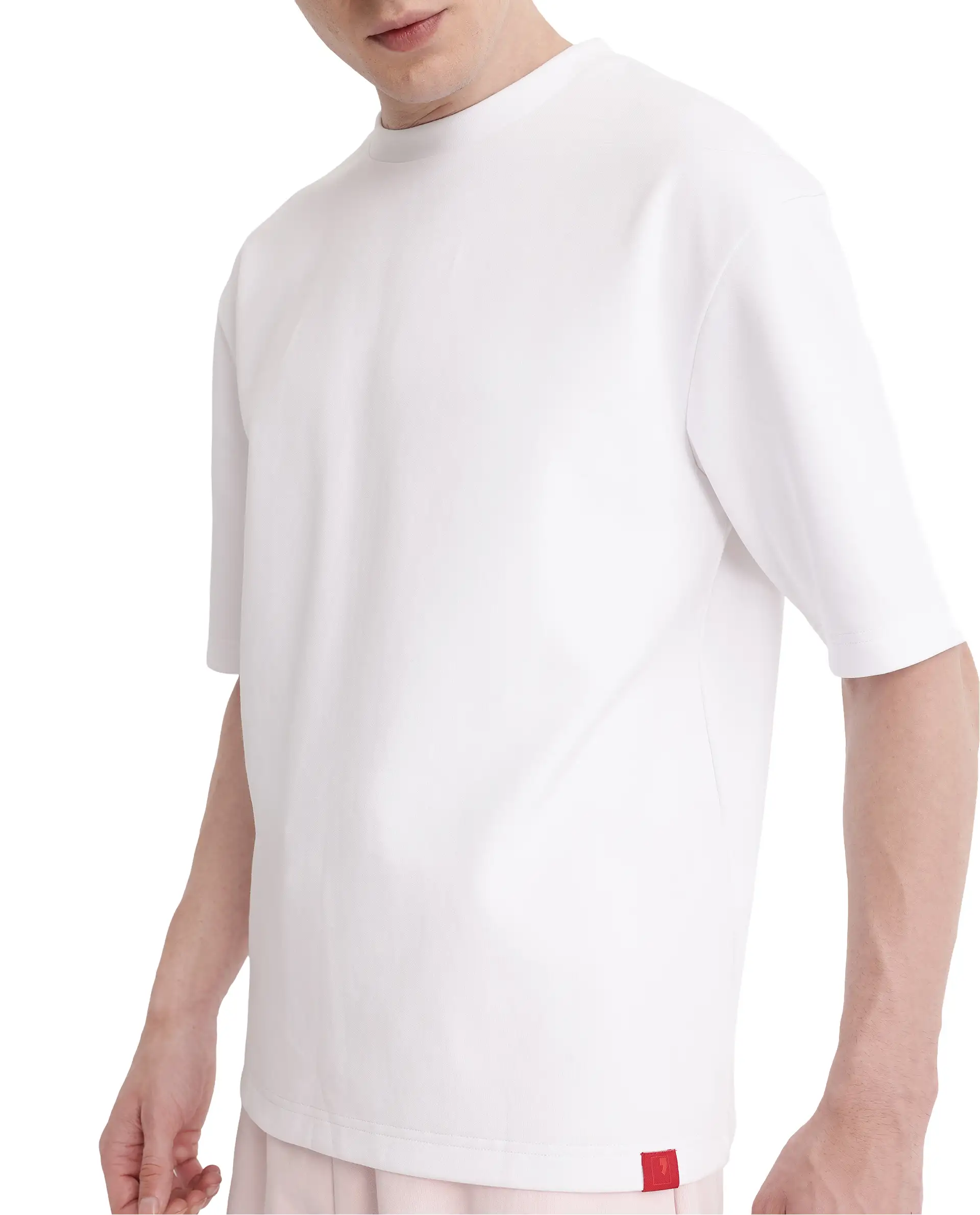 Rare Rabbit Men's Qlot White Cotton Blend Plain Oversized Fit Half Sleeve Crew Neck T-Shirt - Image 4