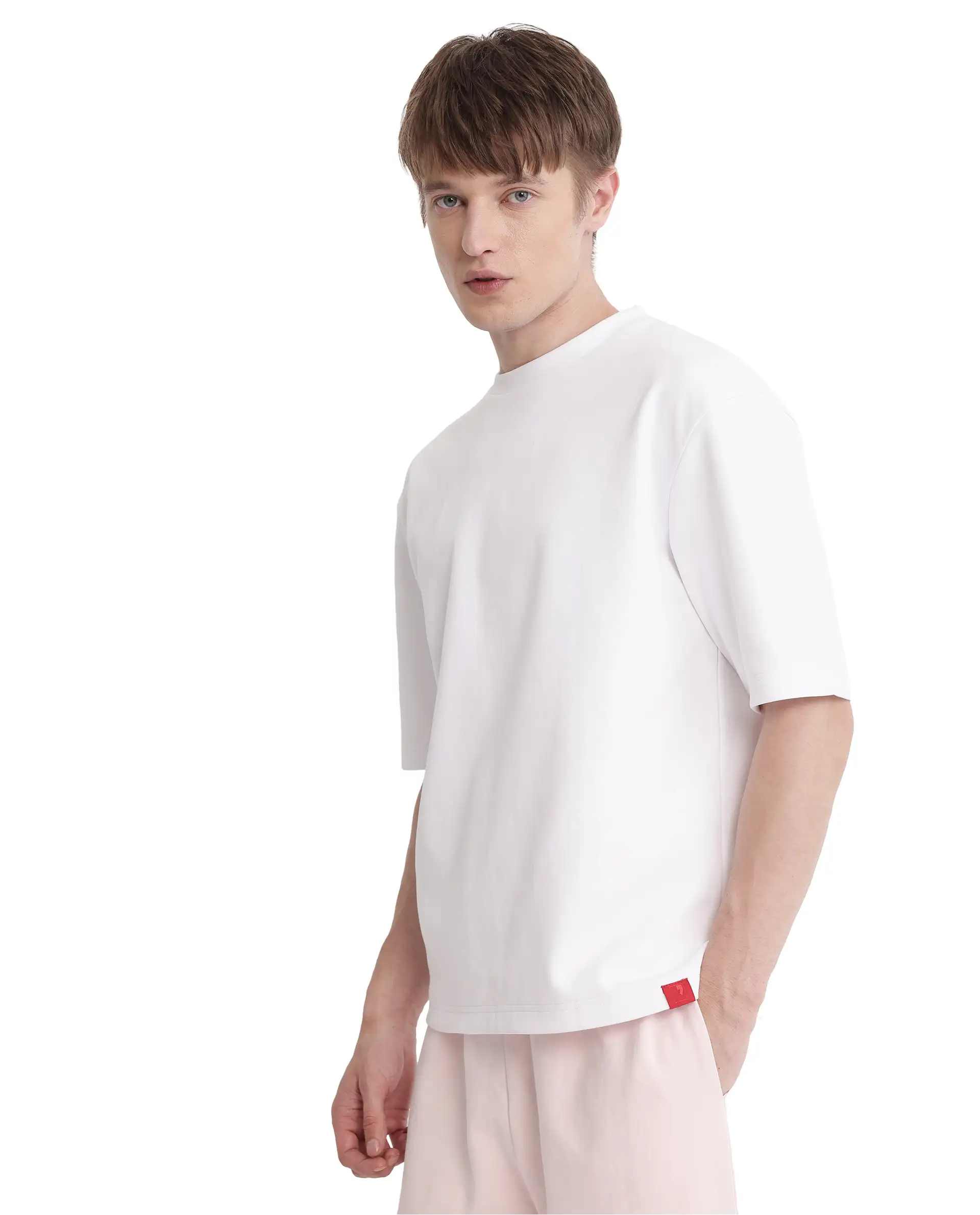 Rare Rabbit Men's Qlot White Cotton Blend Plain Oversized Fit Half Sleeve Crew Neck T-Shirt - Image 7