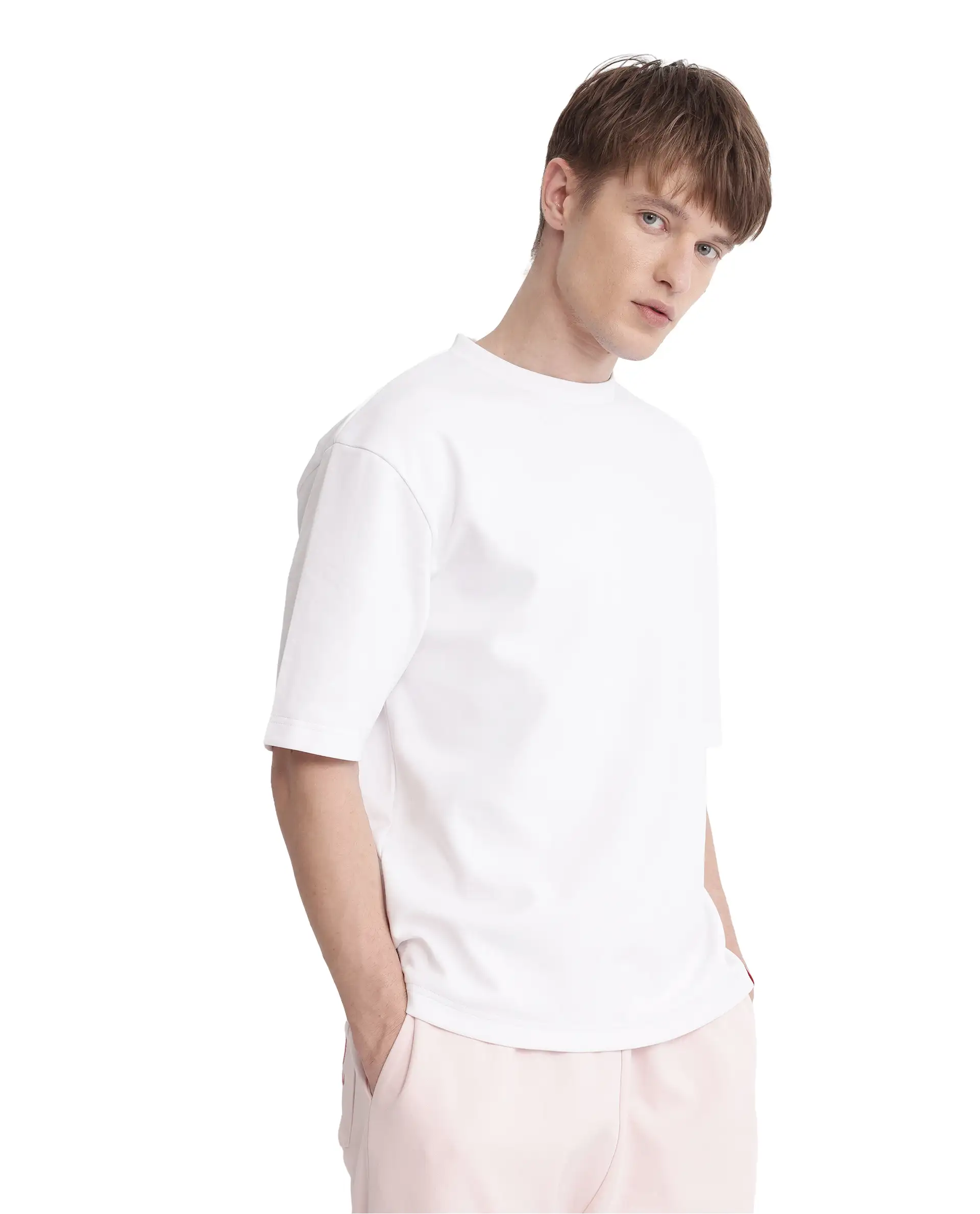 Rare Rabbit Men's Qlot White Cotton Blend Plain Oversized Fit Half Sleeve Crew Neck T-Shirt - Image 8