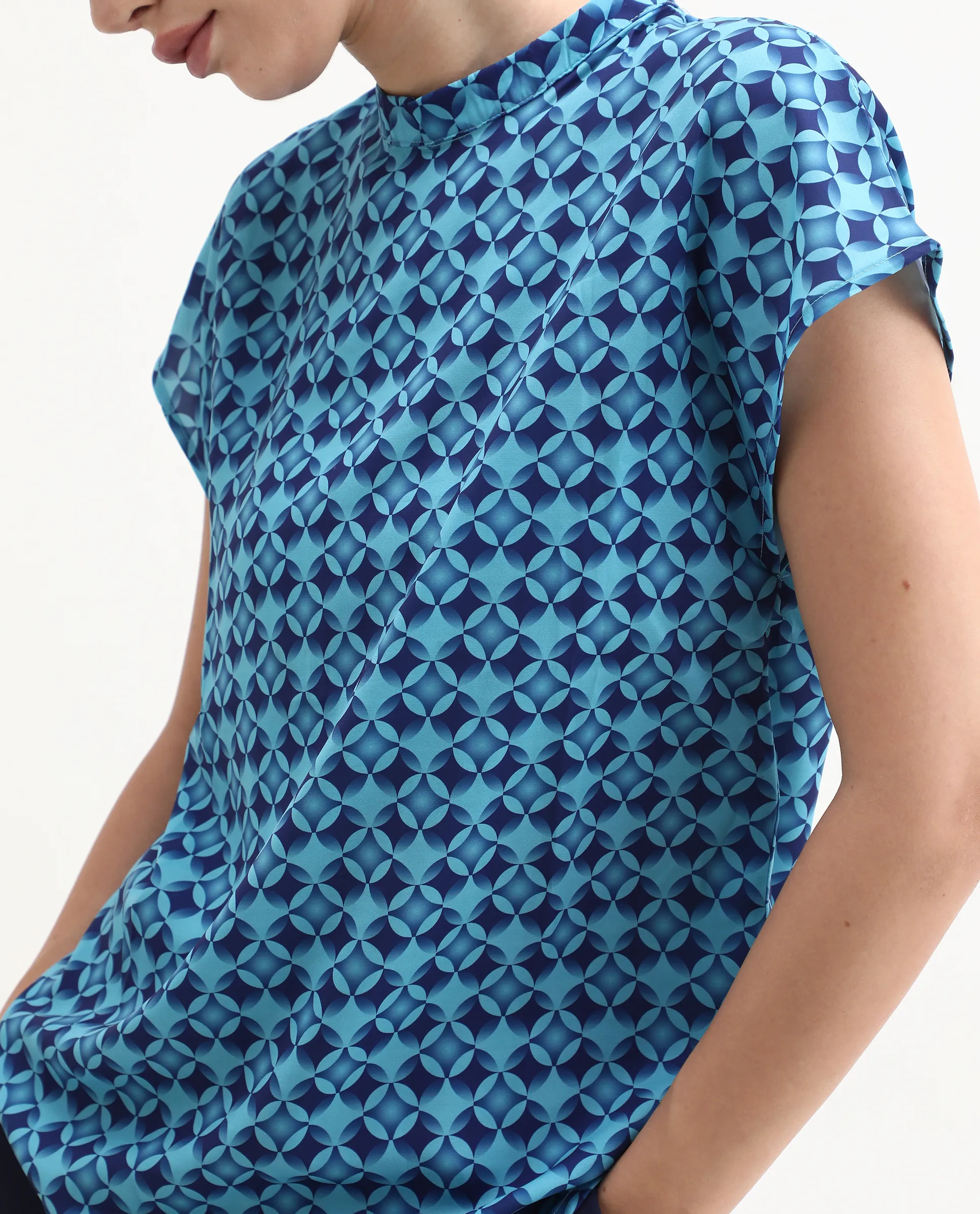 Rareism Women's Qoat Blue Polyester Blend High Neck Geometric Print Extended Sleeves Regular Fit Top - Image 2